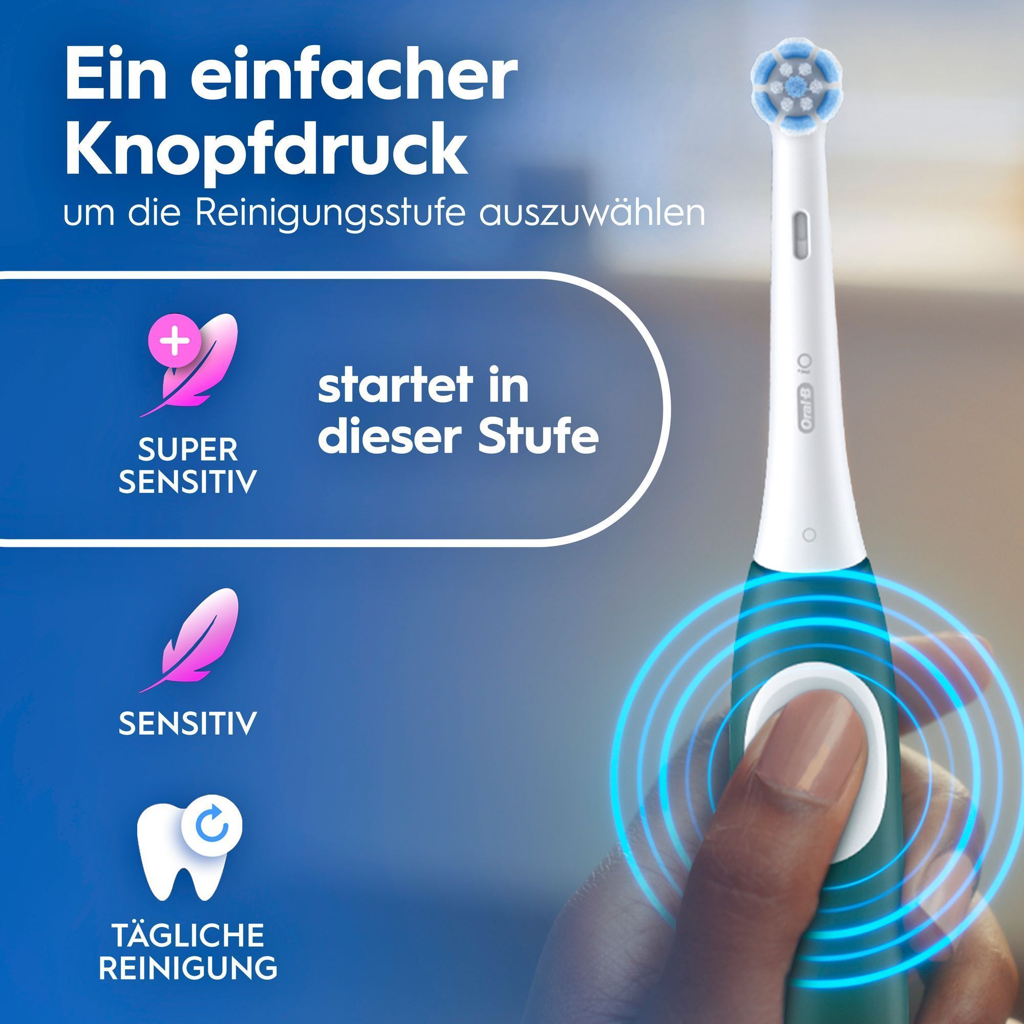 Elektrische Zahnbürste mit drei Reinigungsmodi: Super Sensitiv, Sensitiv und tägliche Reinigung