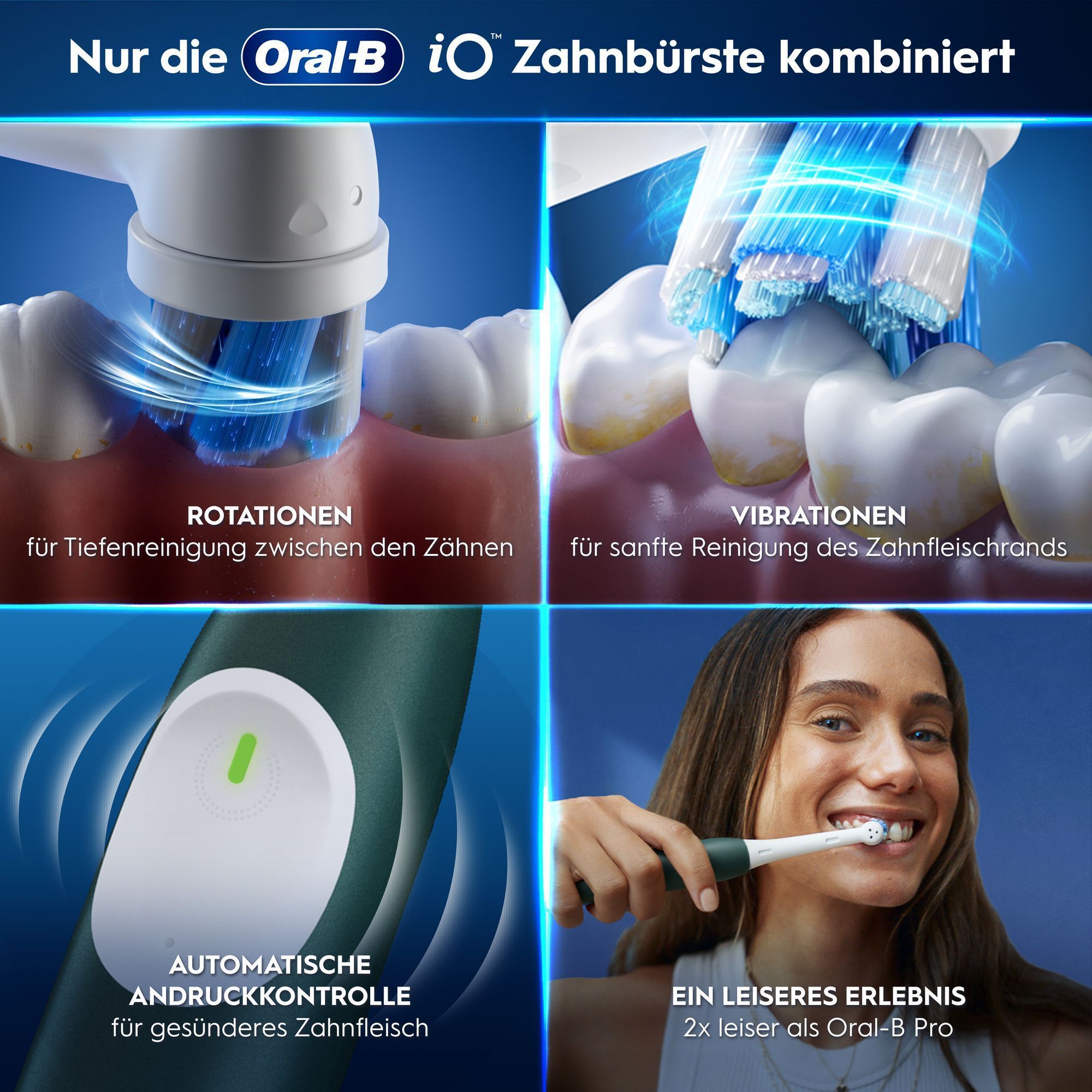 Oral-B iO Zahnbürste: Tiefenreinigung durch Rotation, sanfte Vibration, smarte Andruckkontrolle & leise.