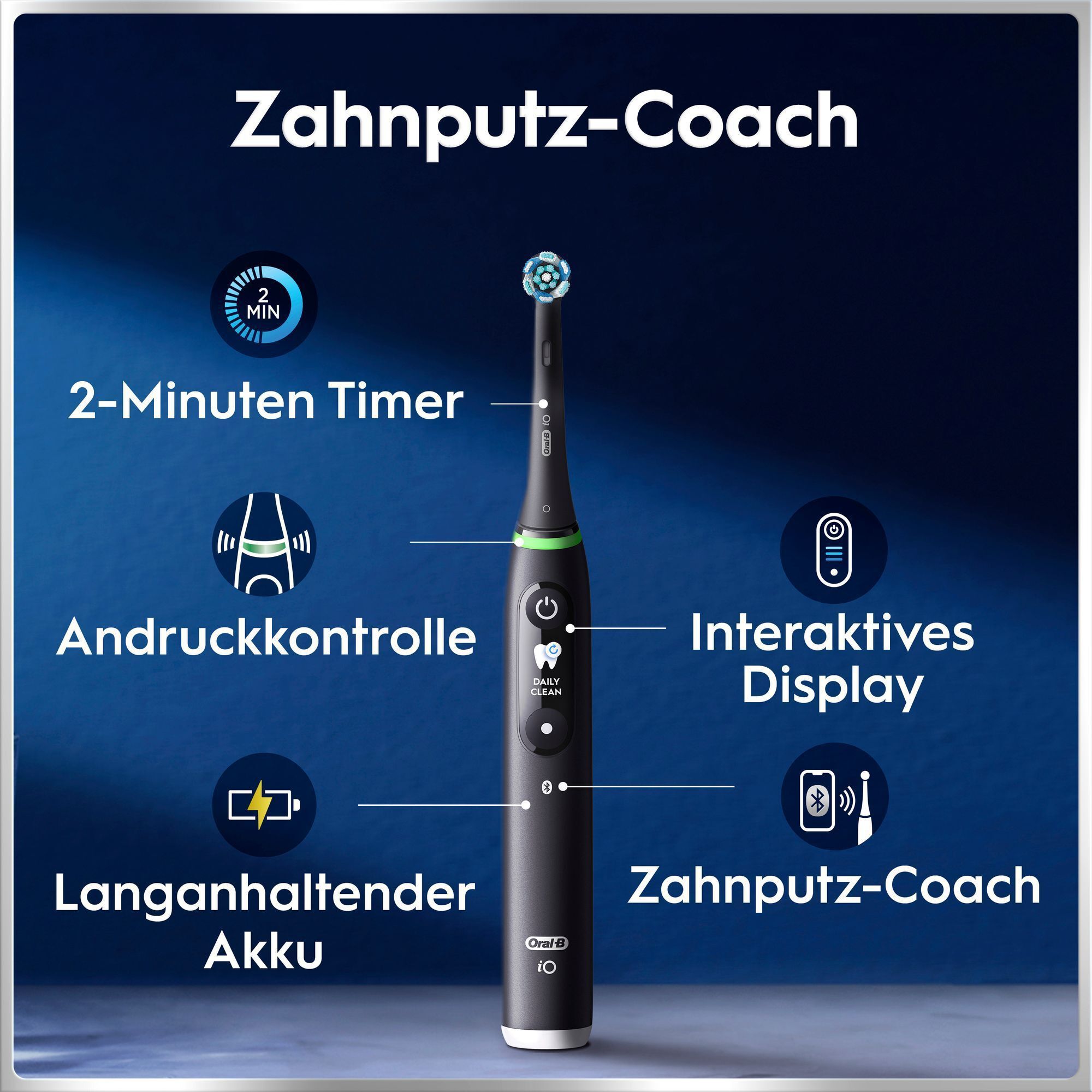 E-Zahnbürste mit Timer, Andruckkontrolle, Display, Akku und Zahnputz-Coach