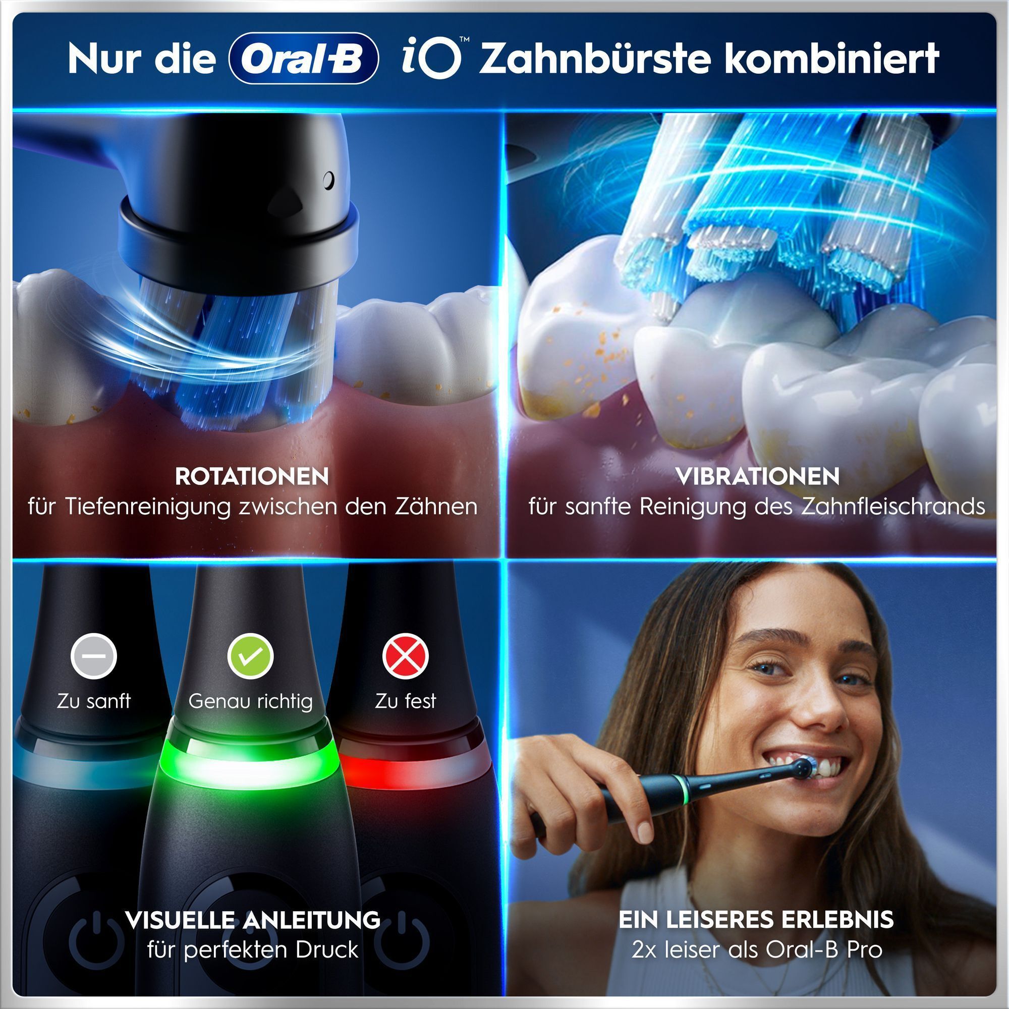 Oral-B iO Zahnbürste: Rotationen, Vibrationen & visuelle Druckkontrolle für perfekte Reinigung.