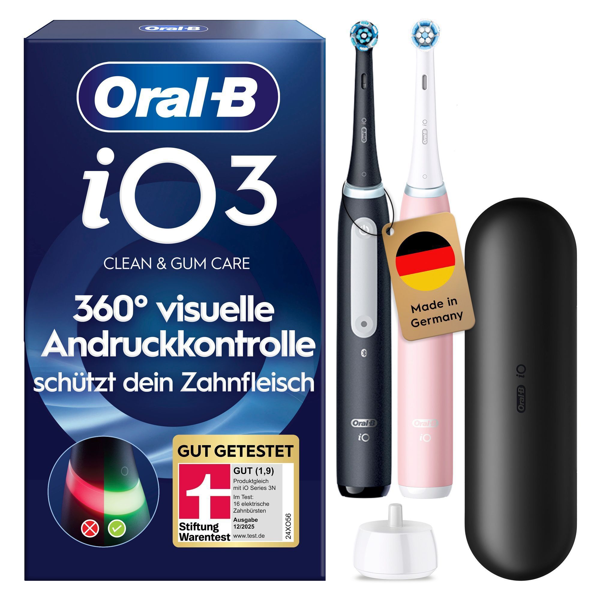 Oral-B iO3 Zahnbürste mit Verpackung, zwei Handstücken (schwarz und rosa) und dem Hinweis 360° visuelle Andruckkontrolle schützt dein Zahnfleisch.