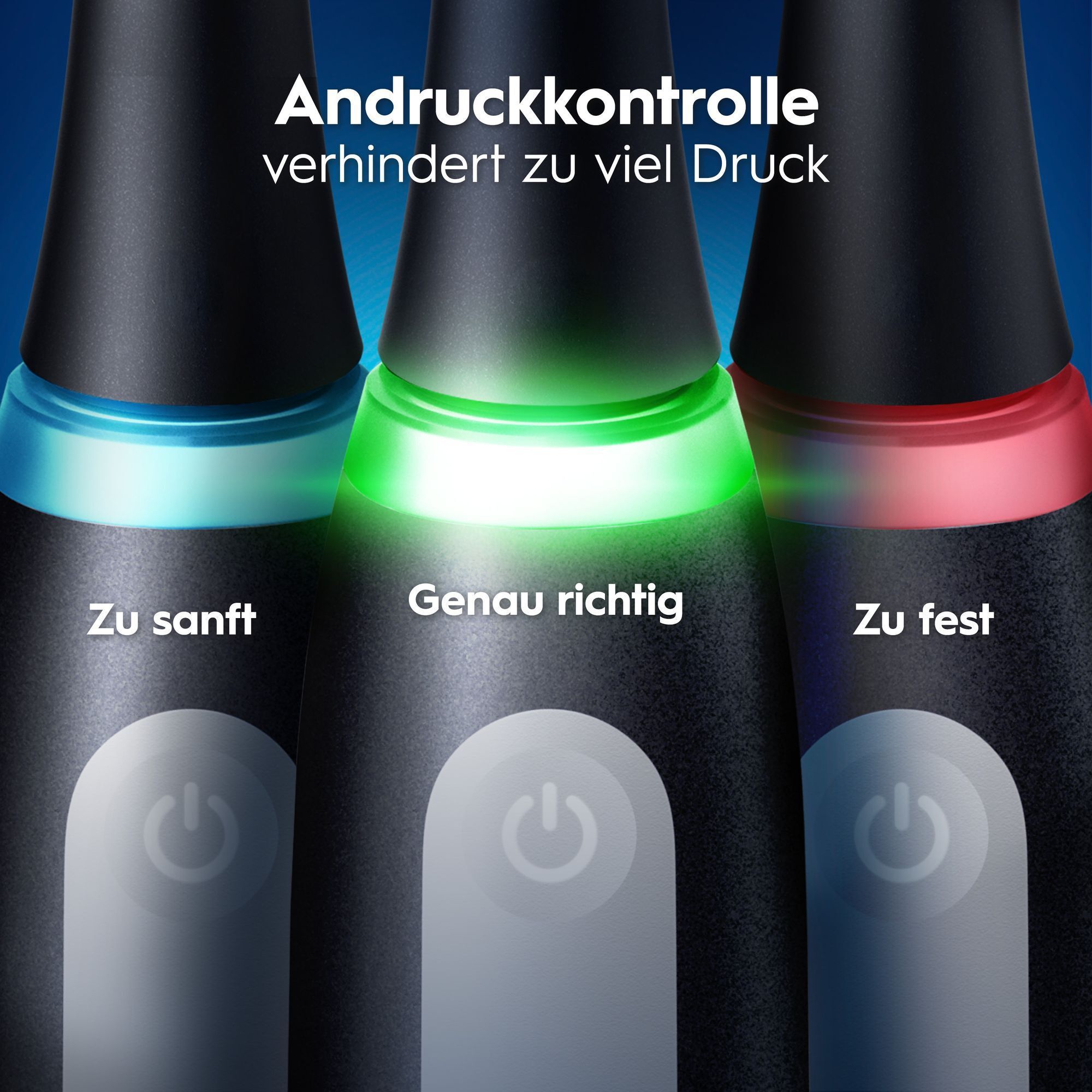 Oral-B Andruckkontrolle zeigt optimalen Putzdruck mit farbigen Lichtringen an.