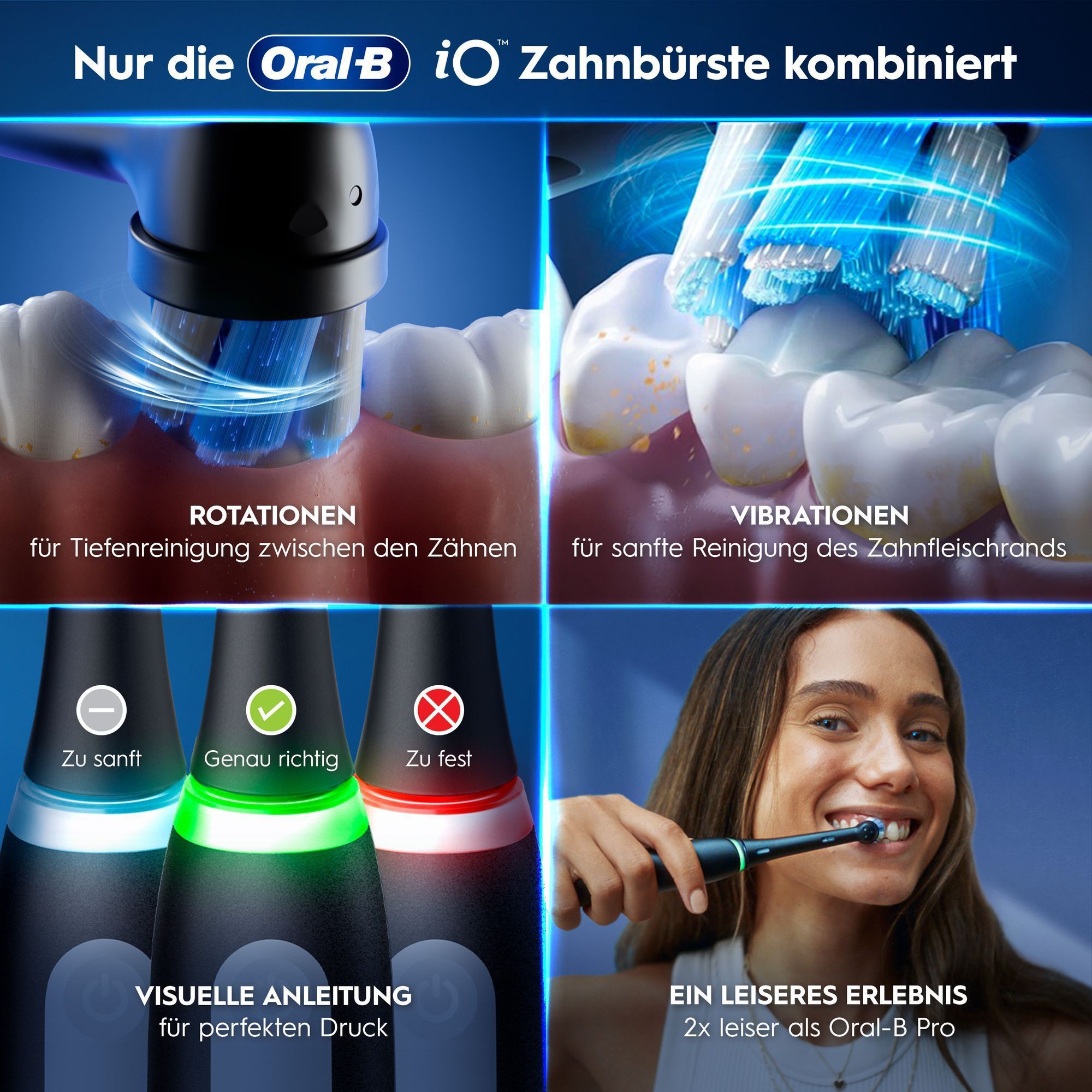 Oral-B iO Zahnbürste: Kombinierte Rotation, Vibration, Drucksensor & leises Putzen.