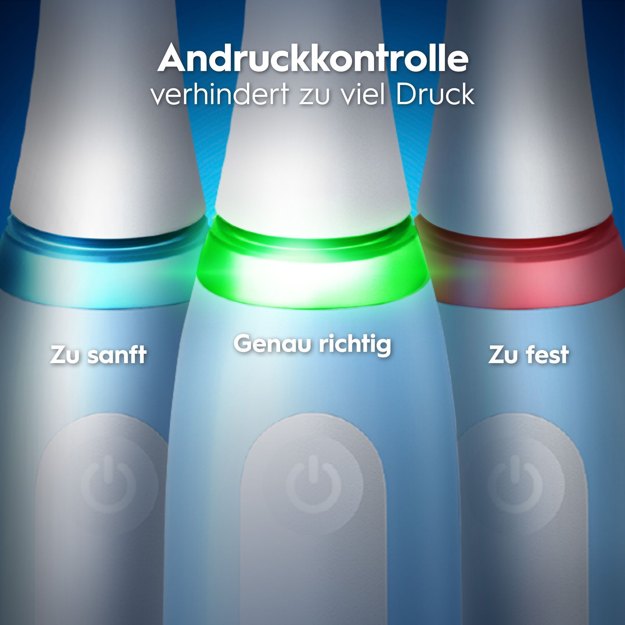 Oral-B Andruckkontrolle verhindert zu viel Druck durch farbige Anzeige (grün = optimal).
