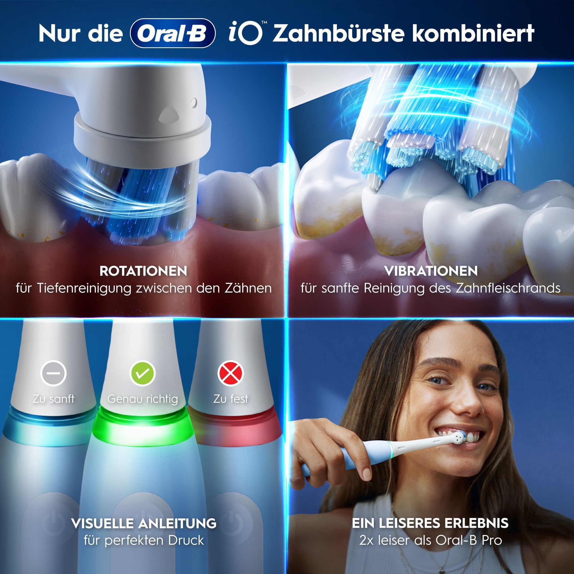 Oral-B iO Zahnbürste kombiniert Rotation, Vibration und visuelle Druckführung für Reinigung.