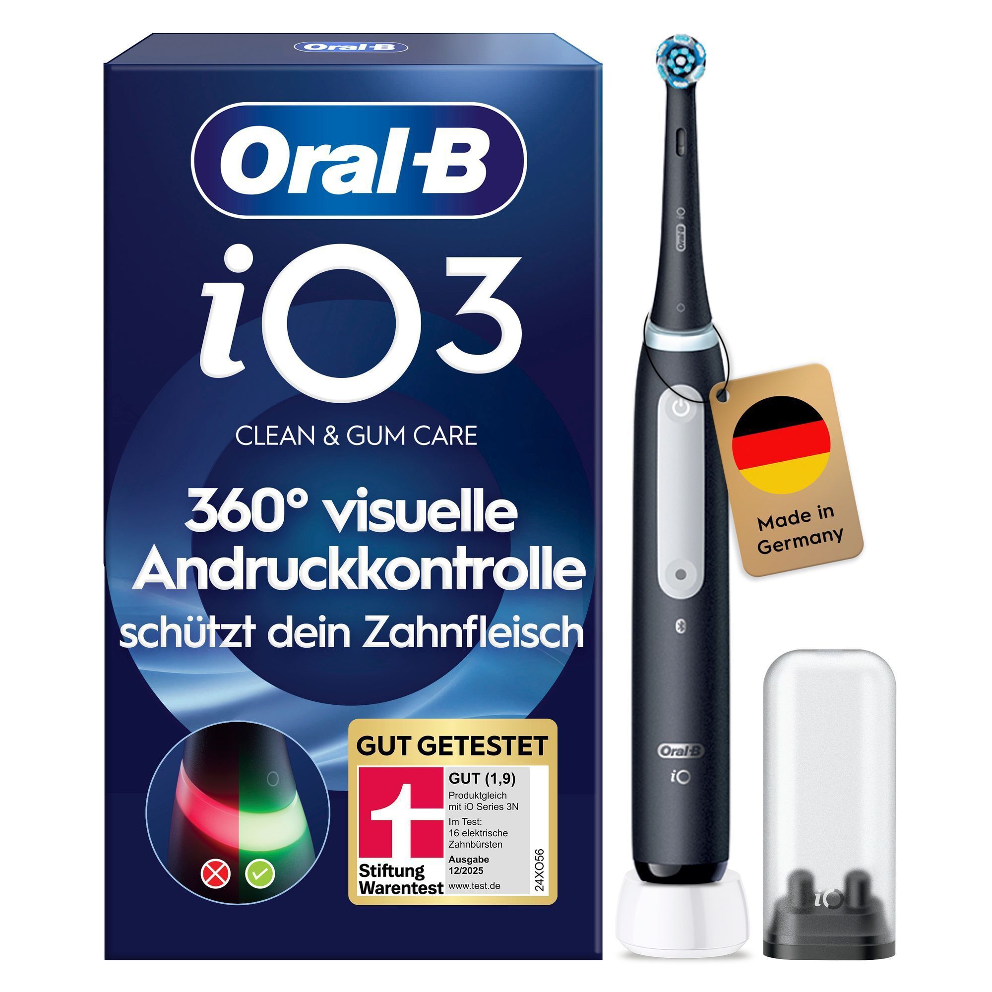 Oral-B iO3 elektrische Zahnbürste mit Verpackung, die die 360° visuelle Andruckkontrolle zur Schonung des Zahnfleisches hervorhebt.
