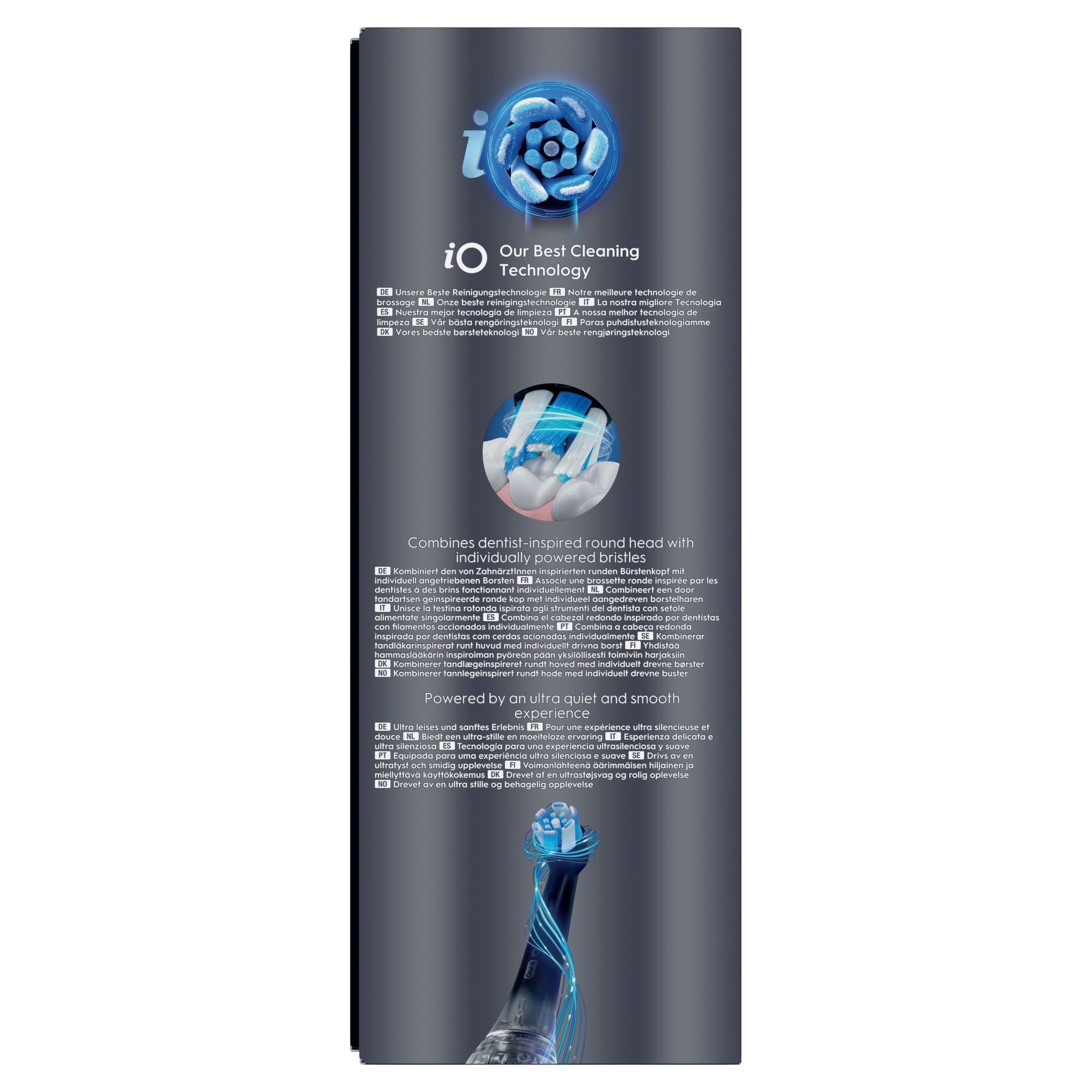 Oral-B iO Verpackungsseite, die Unsere Beste Reinigungstechnologie und einen runden Bürstenkopf hervorhebt.
