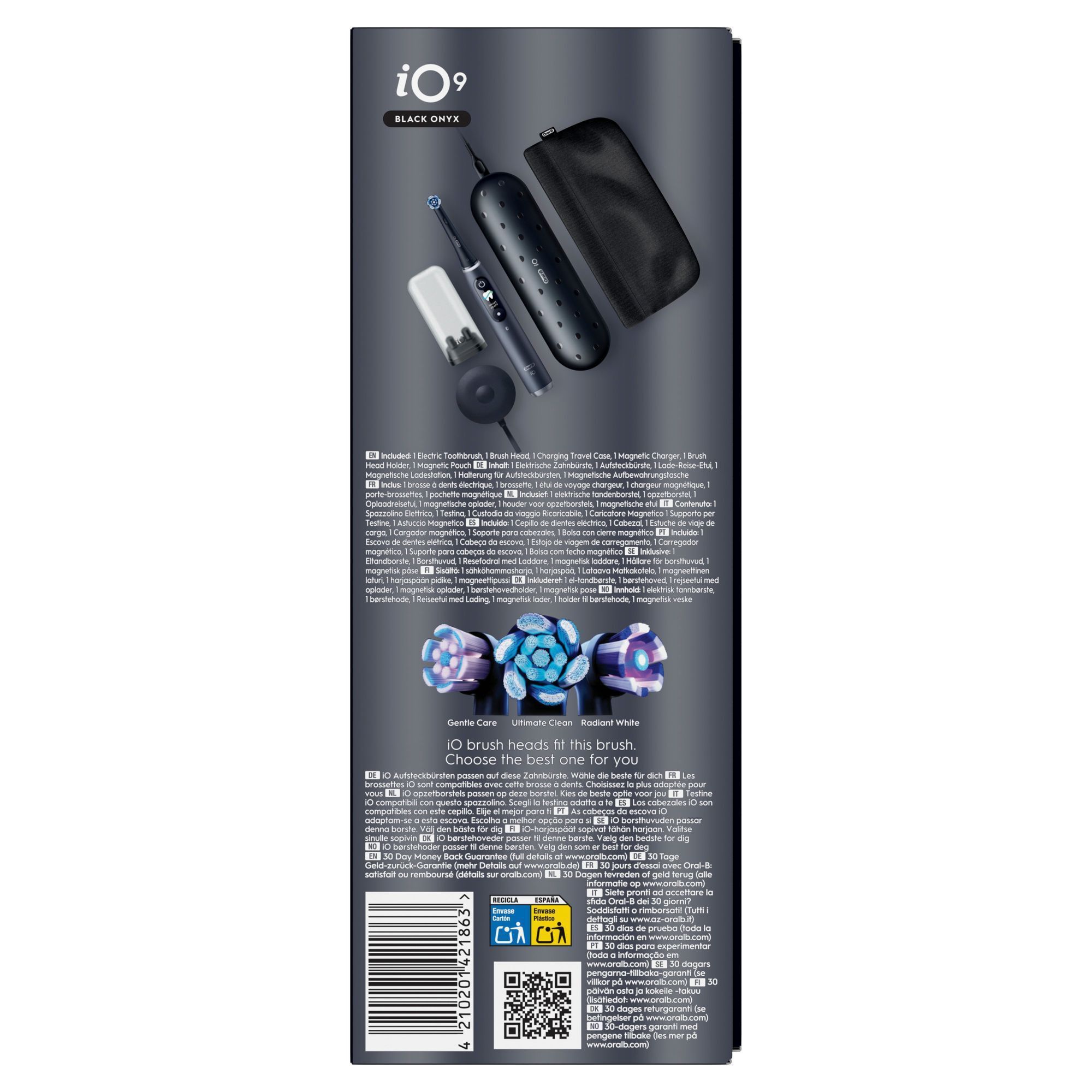 Verpackungseite der Oral-B iO9 Black Onyx elektrische Zahnbürste mit magnetischer Ladestation, Reiseetui und Aufsteckbürsten.
