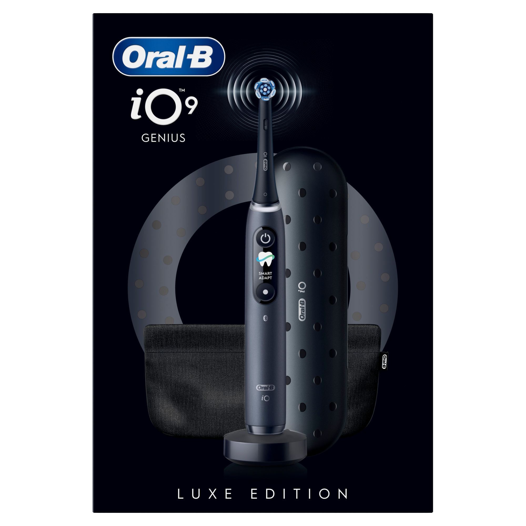 Verpackung der Oral-B iO9 Genius Luxe Edition mit Reiseetui und intelligenter Andruckkontrolle auf dem Handstück.