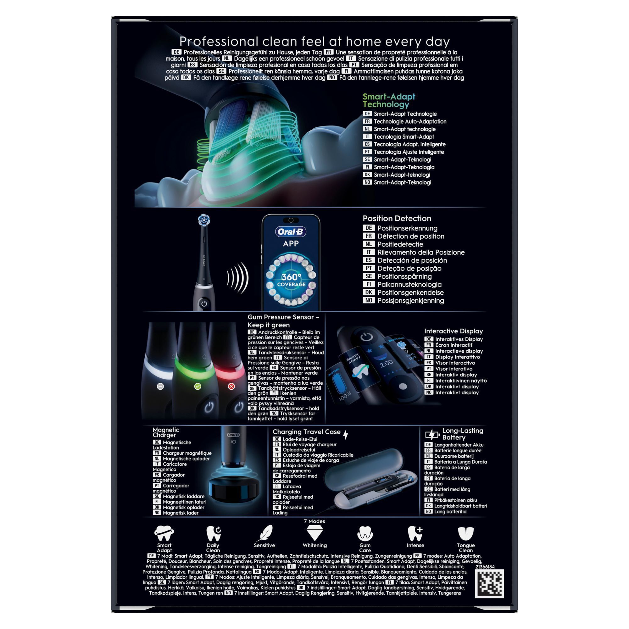 Verpackungsrückseite der Oral-B Zahnbürste mit Smart-Adapt-Technologie, Oral-B App, 360° Abdeckung und Andruckkontrolle.