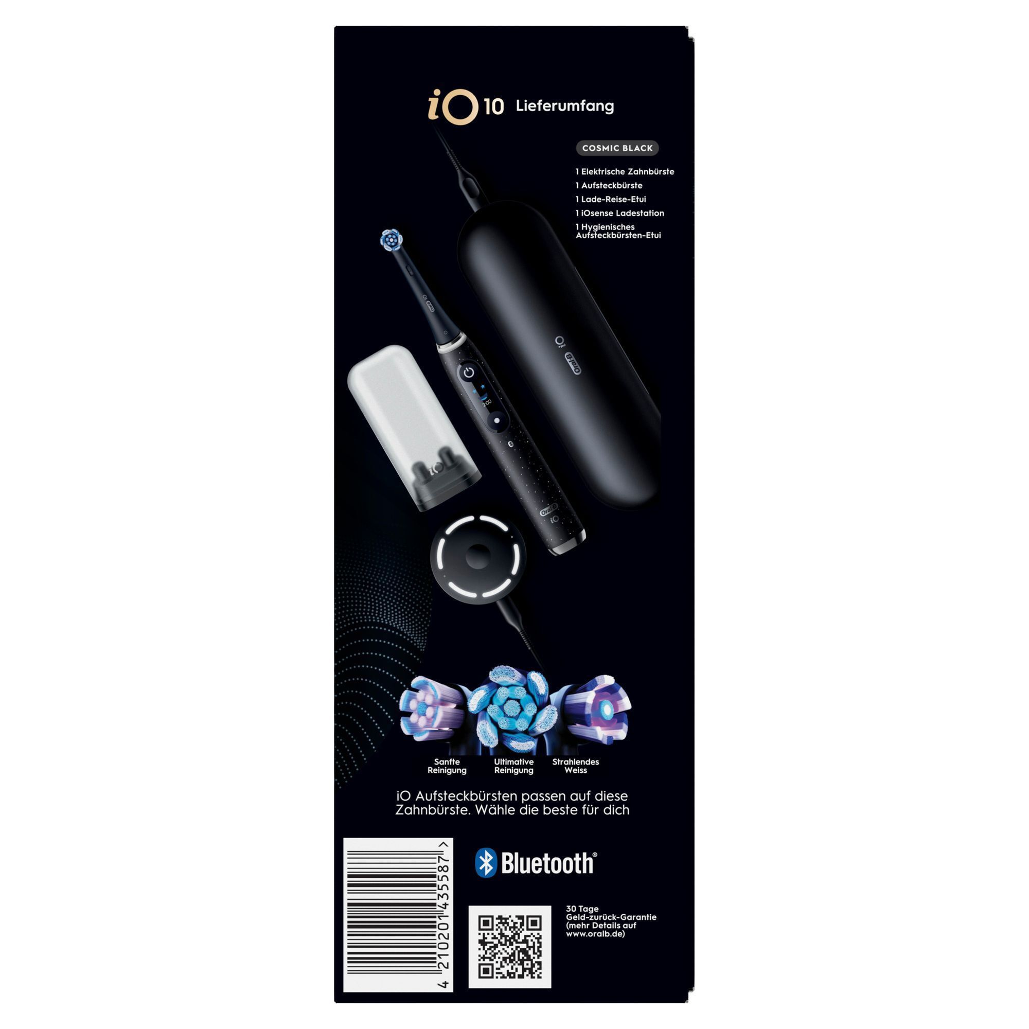 Oral-B iO 10 elektrische Zahnbürste in Cosmic Black mit Lade-Reise-Etui und iOsense Ladestation im Lieferumfang.