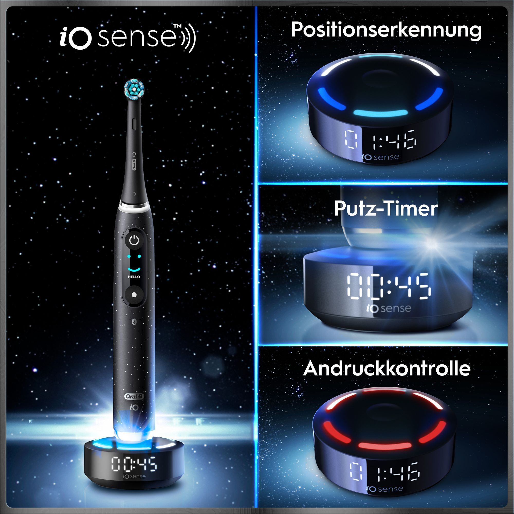 IO Sense Zahnbürste mit Positionserkennung, Putz-Timer und Andruckkontrolle auf Ladestation.