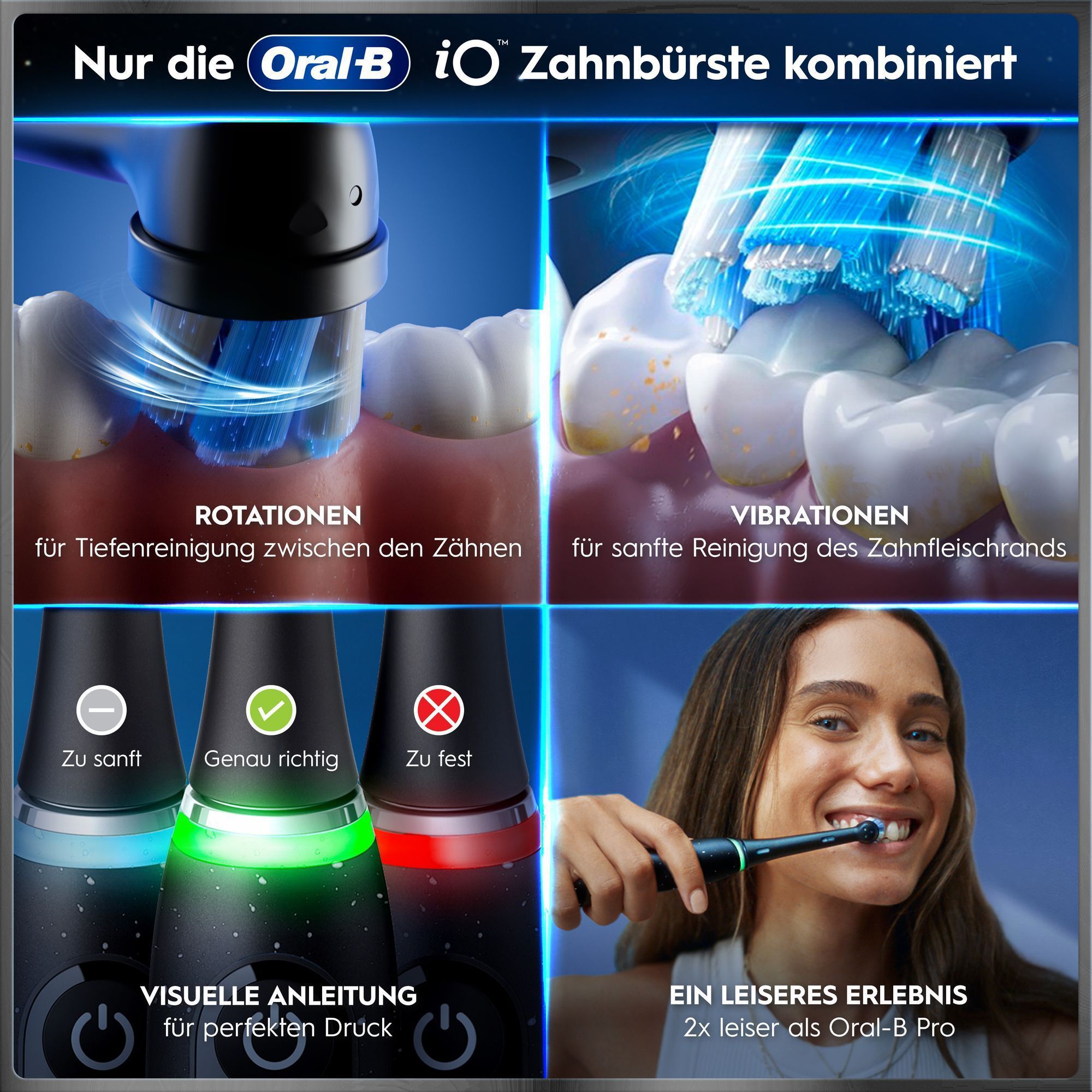 Oral-B iO Zahnbürste kombiniert Rotationen, Vibrationen und visuellen Putzdruck für beste Reinigung.