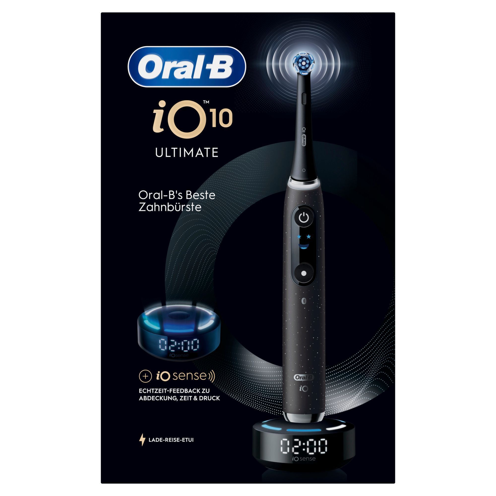 Oral-B iO 10 Ultimate Zahnbürste, die auf ihrer Ladestation steht und Echtzeit-Feedback zu Abdeckung, Zeit und Druck beim Zähneputzen gibt.