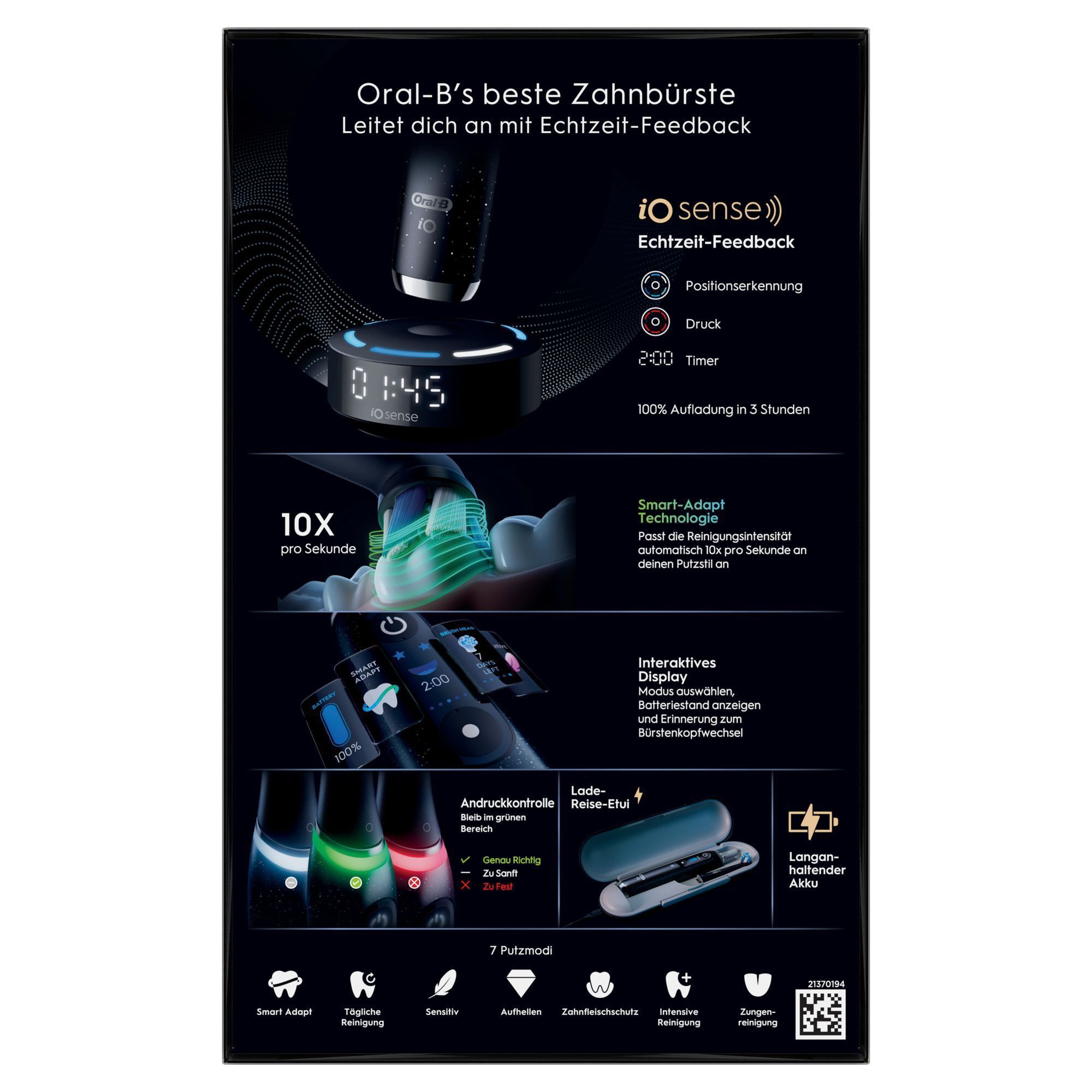Oral-B iO Zahnbürste mit iOsense Echtzeit-Feedback, Positionserkennung, Andruckkontrolle und interaktivem Display.