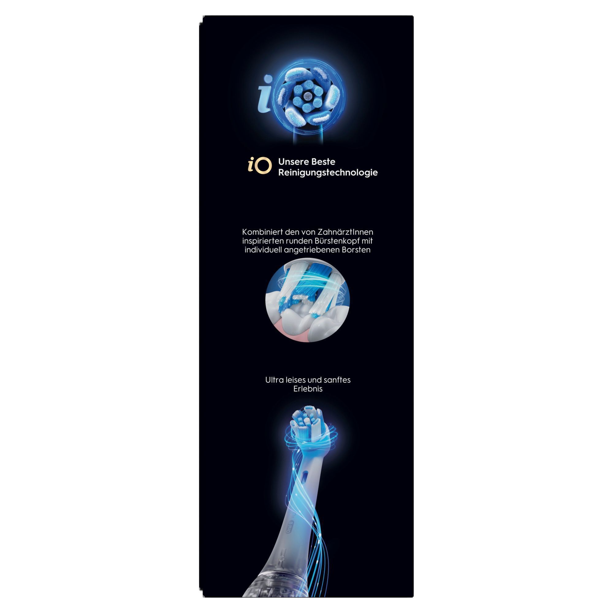 Oral-B iO Verpackung, die "Unsere Beste Reinigungstechnologie" und den von Zahnärzten inspirierten Bürstenkopf mit individuell angetriebenen Borsten hervorhebt.