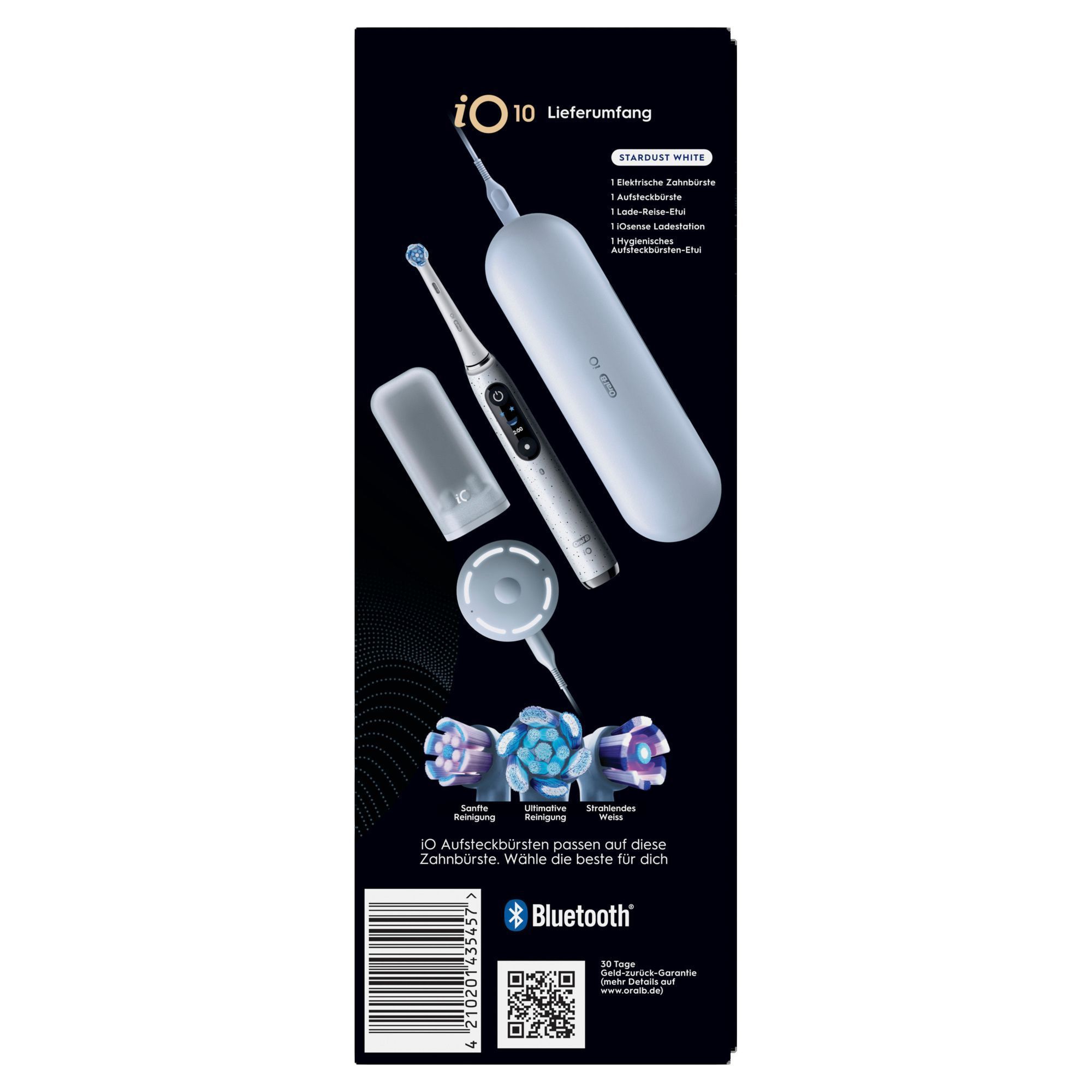 Oral-B iO 10 Stardust White elektrische Zahnbürste mit Lade-Reise-Etui und iOsense Ladestation.