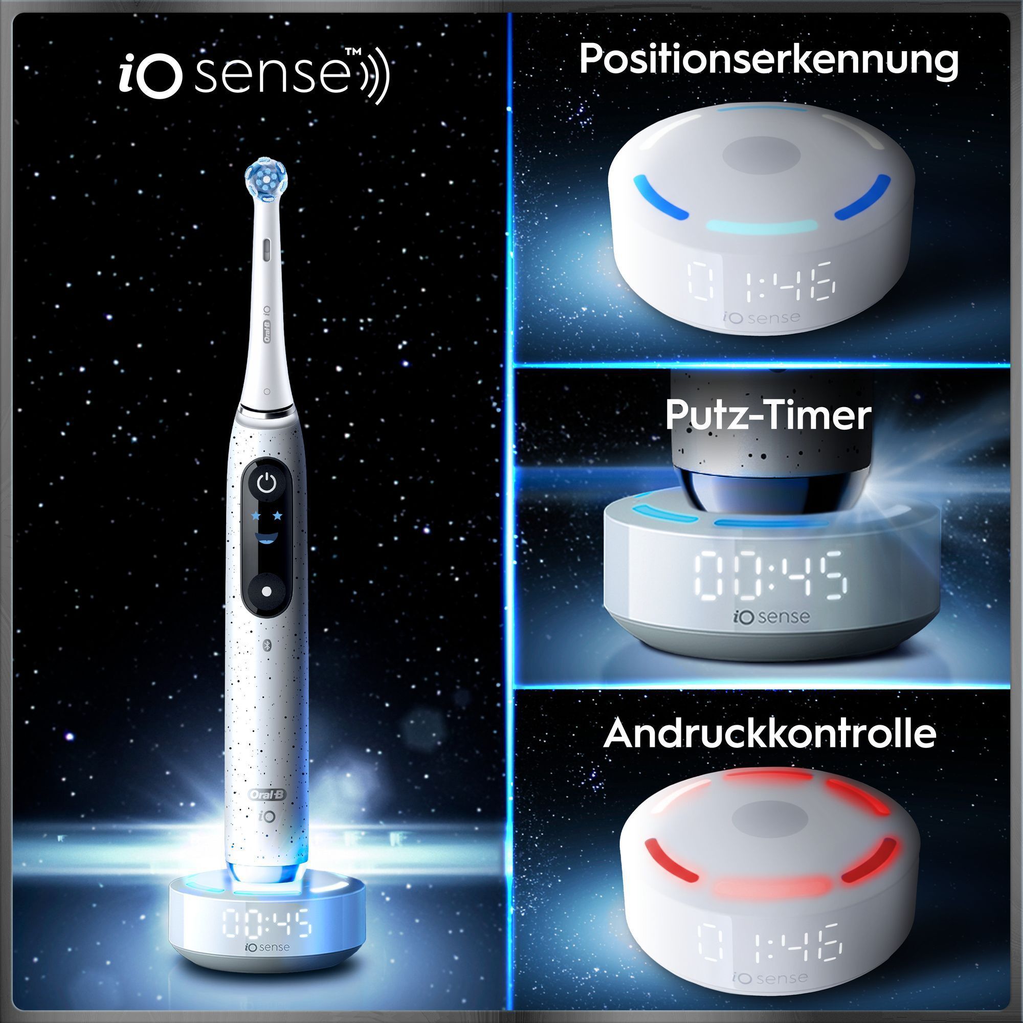IO Sense Zahnbürste mit Positionserkennung, Putz-Timer und Andruckkontrolle auf Ladestation.