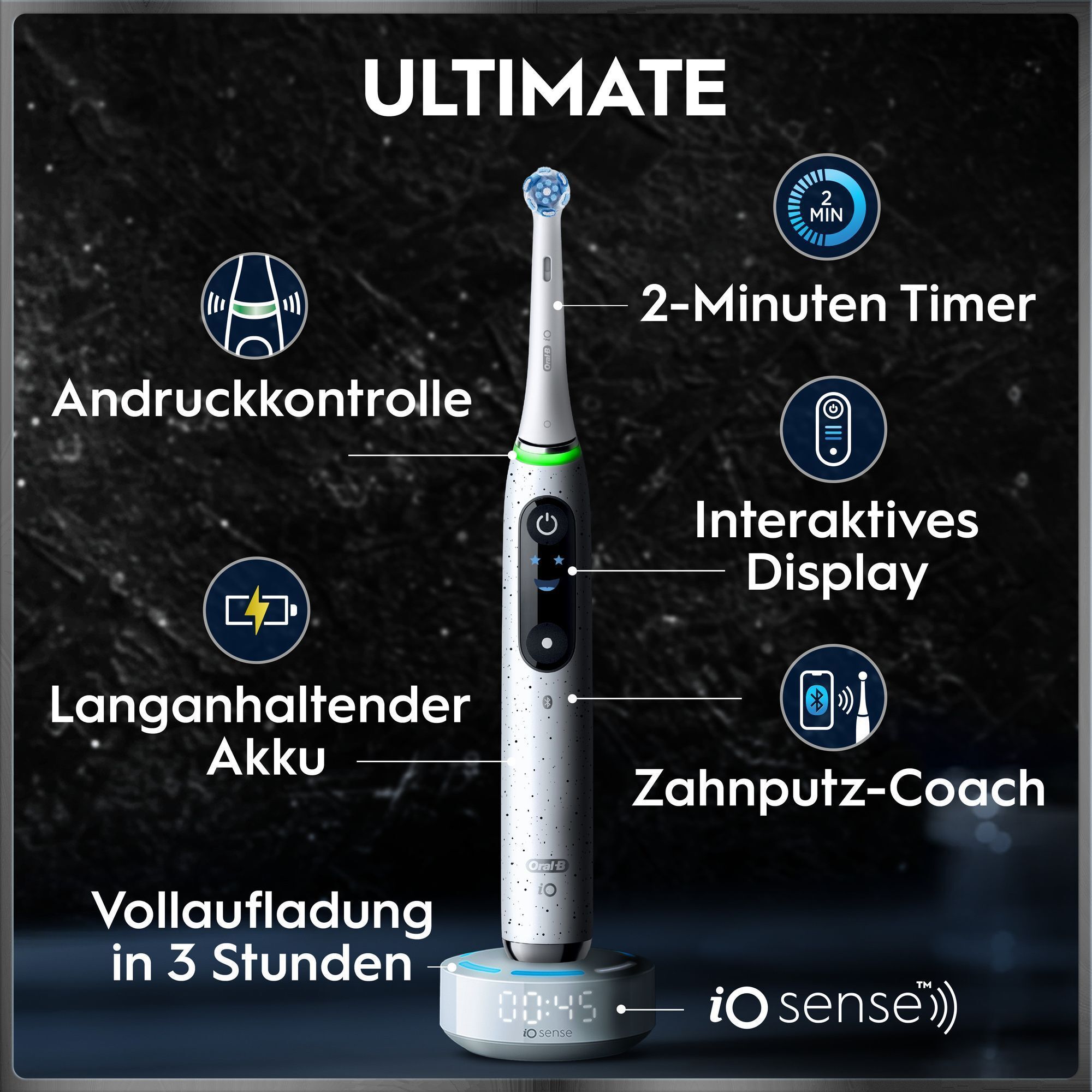 Elektrische Zahnbürste mit Timer, Andruckkontrolle, Display und schneller Aufladung