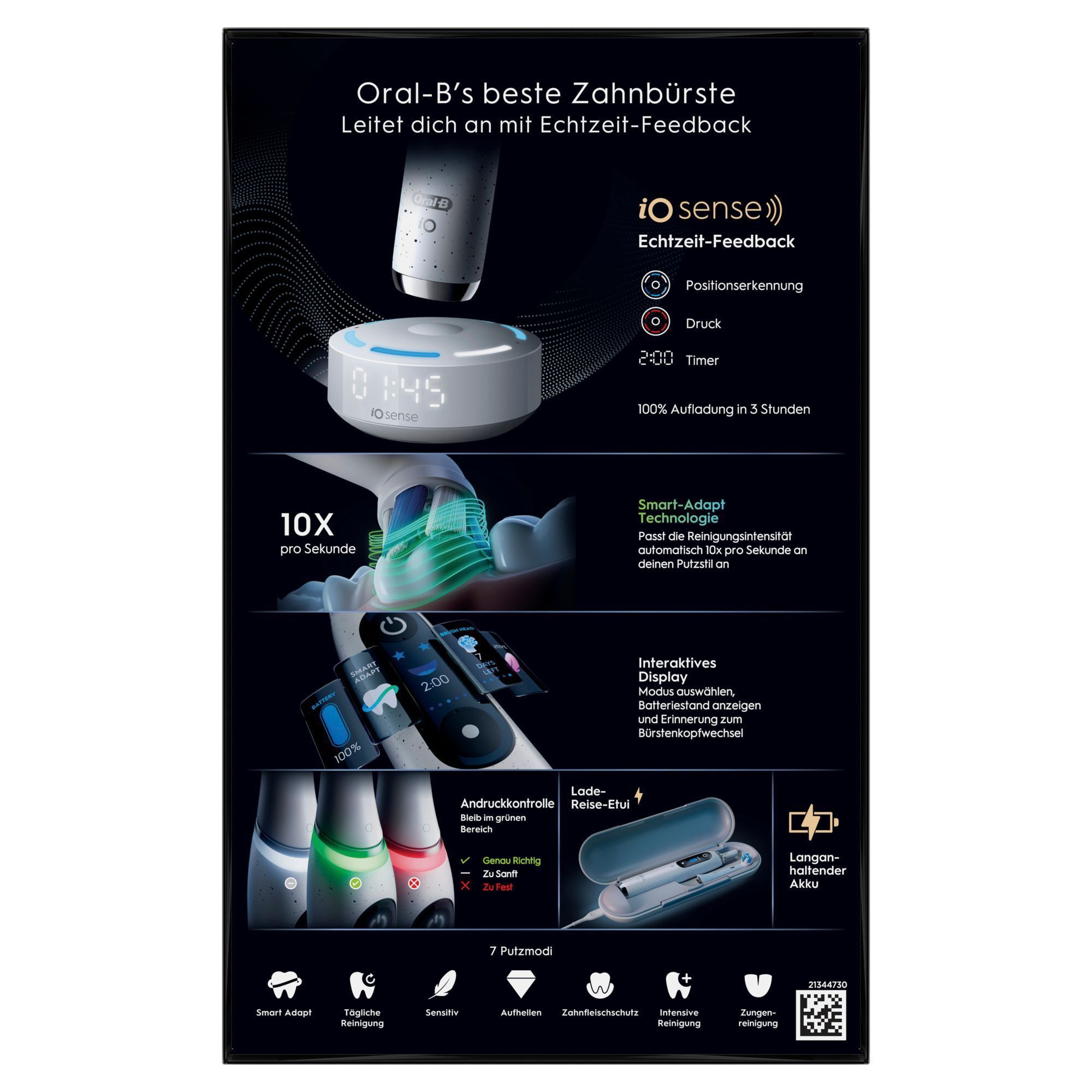 Oral-B iO Sense Zahnbürste mit Echtzeit-Feedback, intelligenter Andruckkontrolle und interaktivem Display zur Modusauswahl.