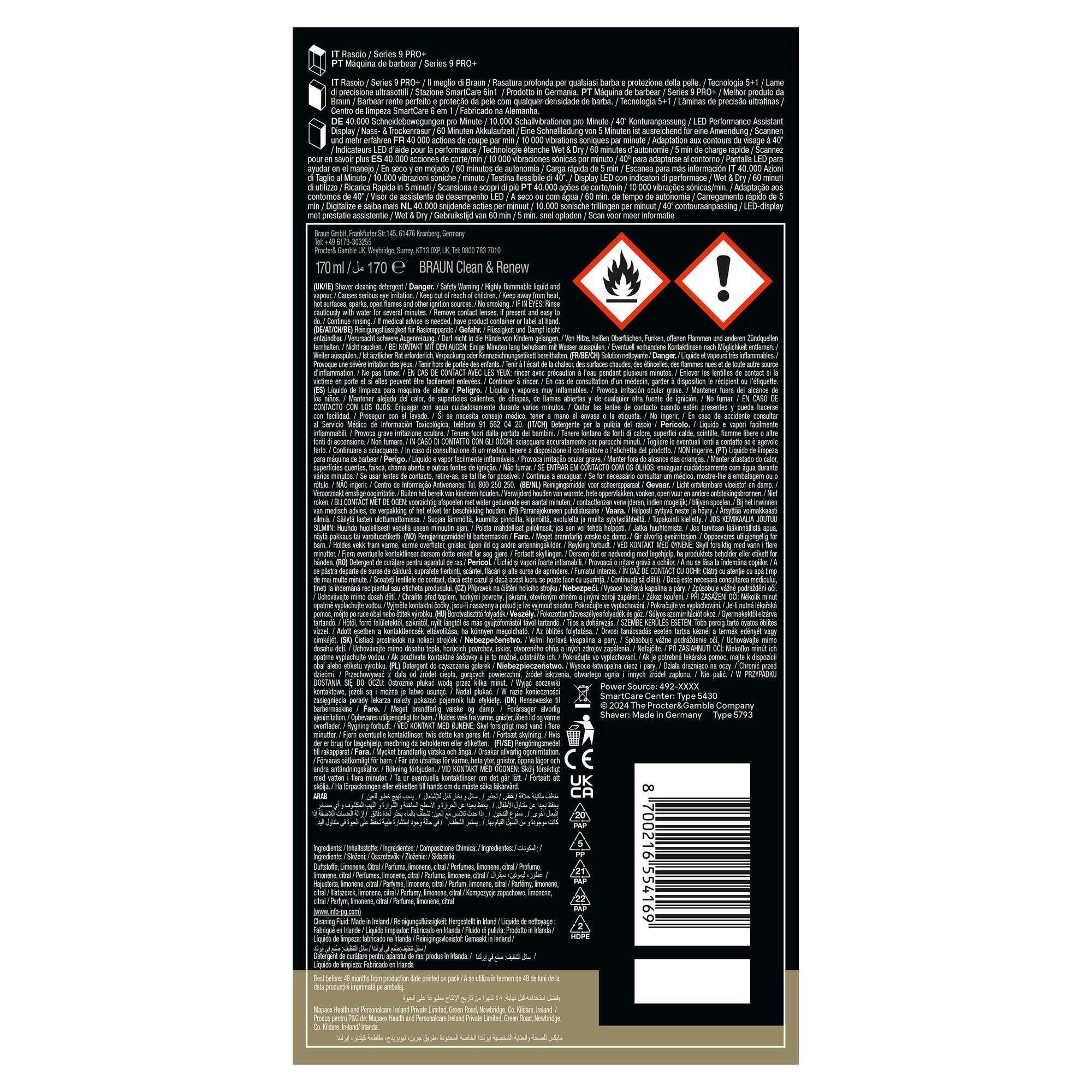 Braun Rasierer mit Clean & Renew Reinigungslösung, 170ml, mit Warnhinweisen für leicht entzündliche Flüssigkeit und Augenreizung.