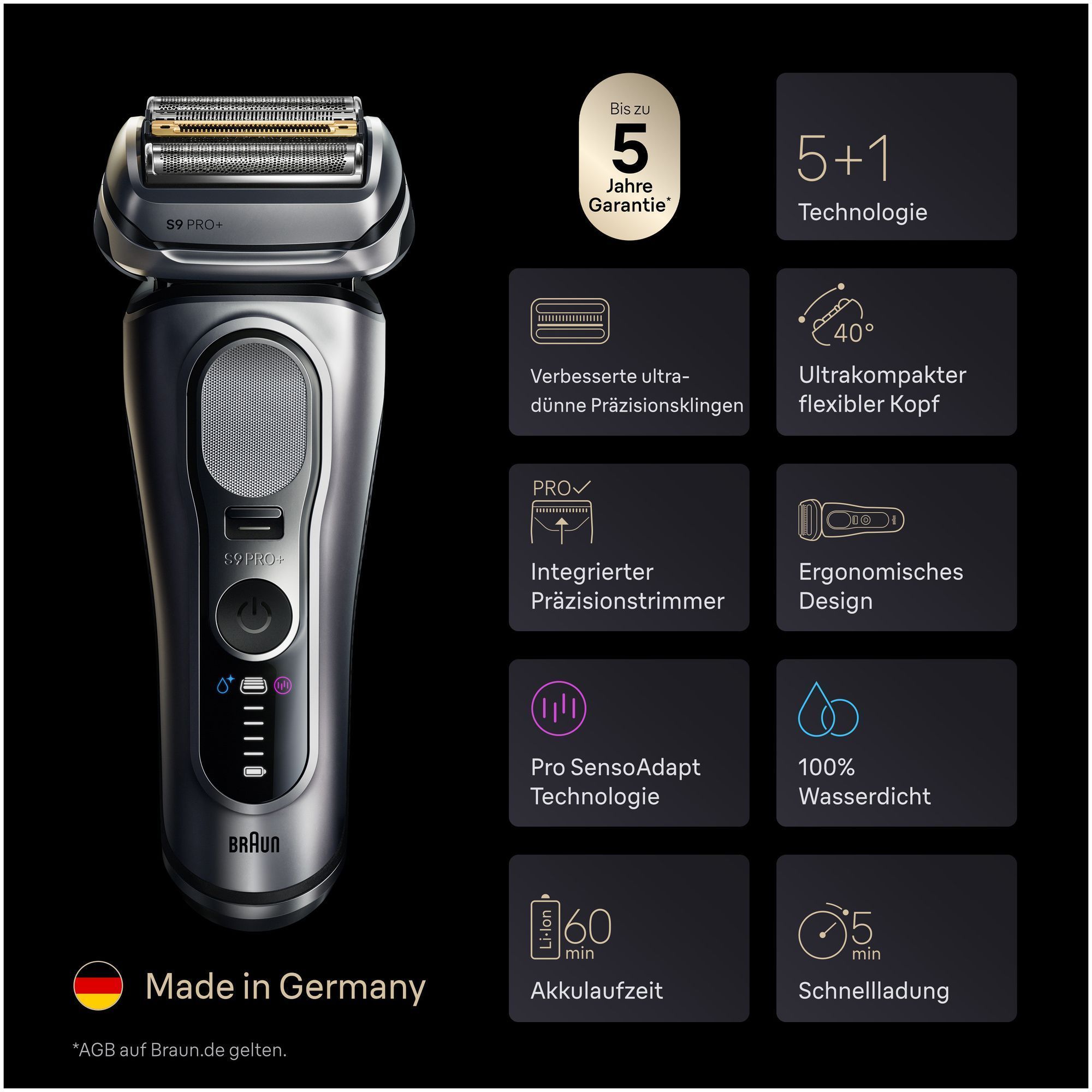 Braun Series 9 Pro+ Rasierer mit hervorgehobenen Vorteilen wie 5 Jahre Garantie und 5+1 Technologie.