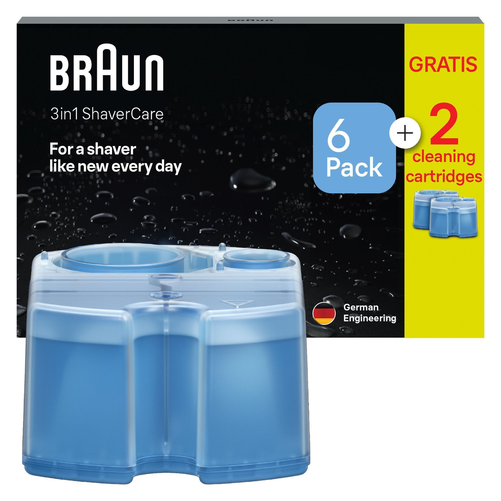 Reinigungskartusche steht vor der Verpackung, die 2 gratis kartuschen bewirbt