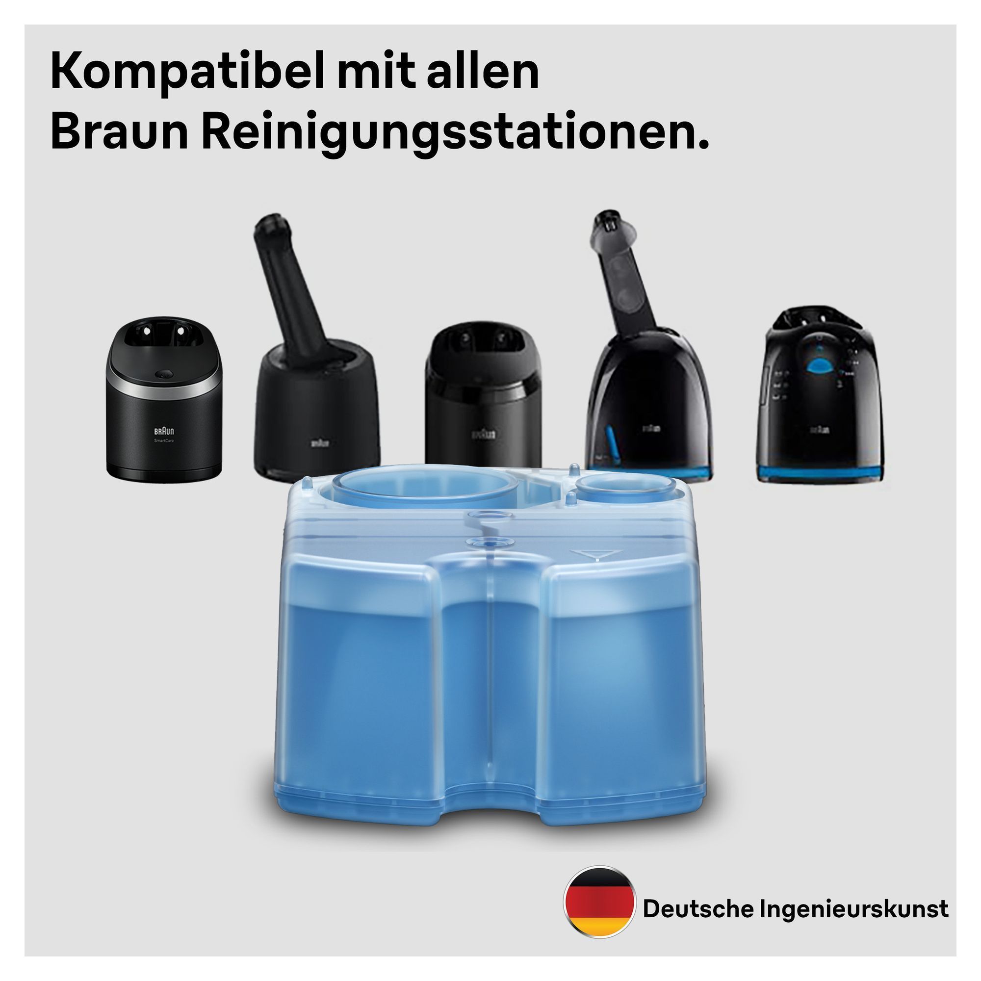 Braun Reinigungsflüssigkeit, kompatibel mit allen Braun Reinigungsstationen, für eine hygienische Rasur.