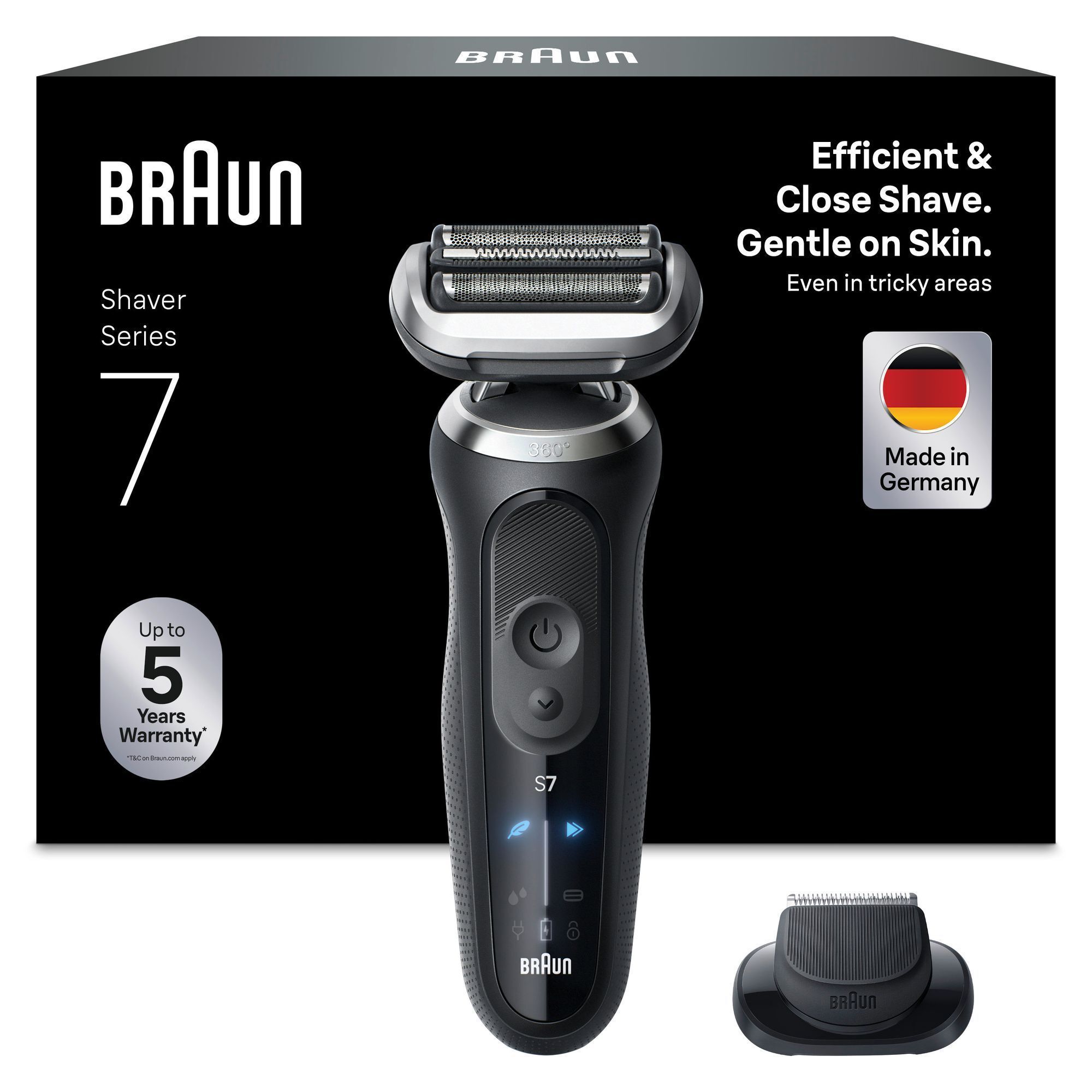 Braun Series 7 Rasierer mit Verpackung, die "Efficient & Close Shave. Gentle on Skin." hervorhebt.