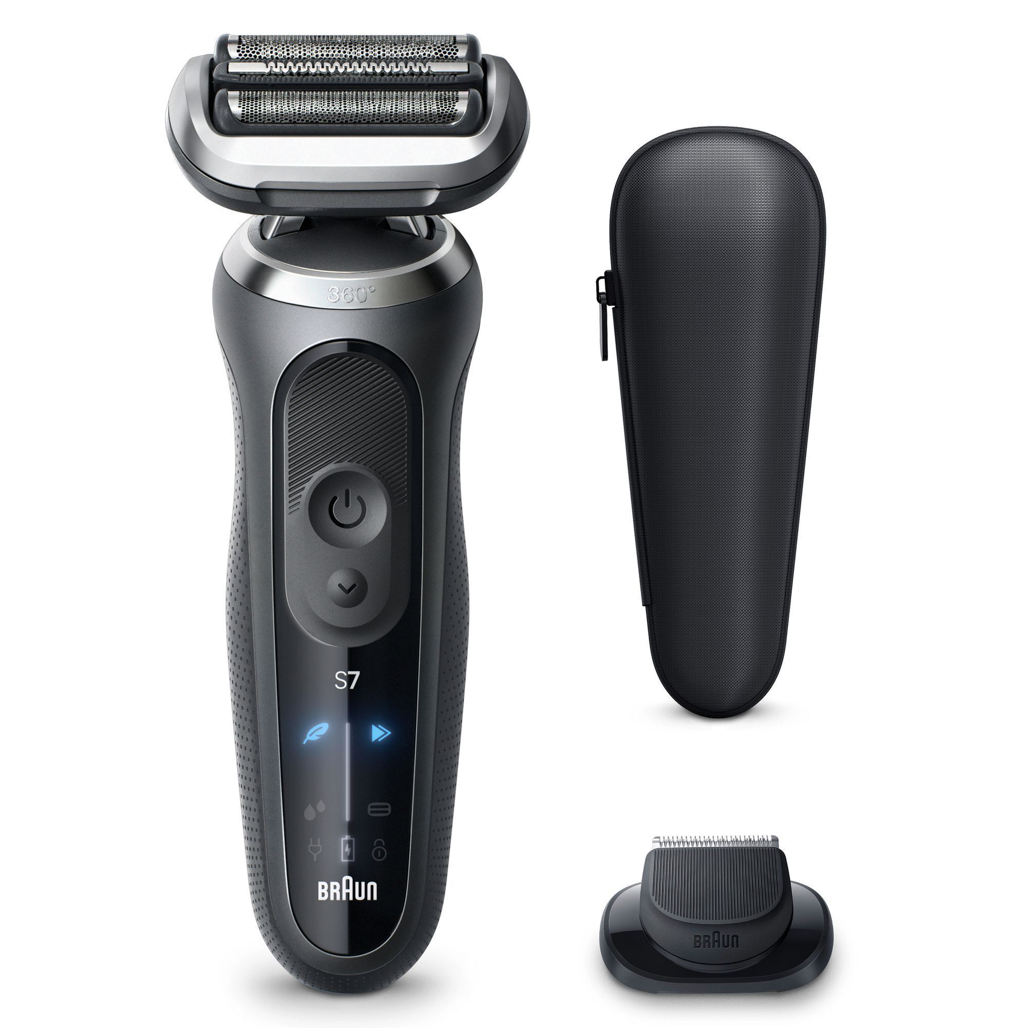 Braun Series 7 Rasierer mit Reiseetui und PrÃ¤zisionstrimmer-Aufsatz.