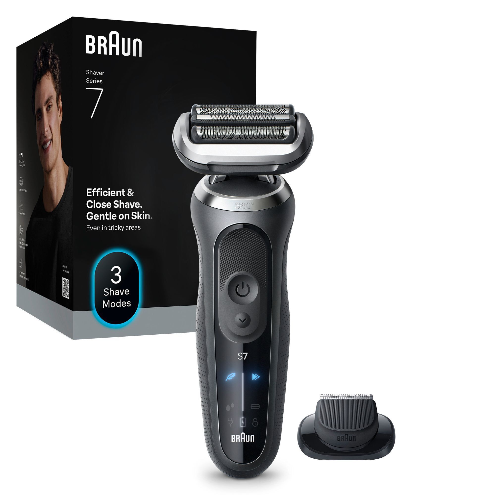 Braun Series 7 Rasierer mit Verpackung, die 3 Rasurmodi hervorhebt.