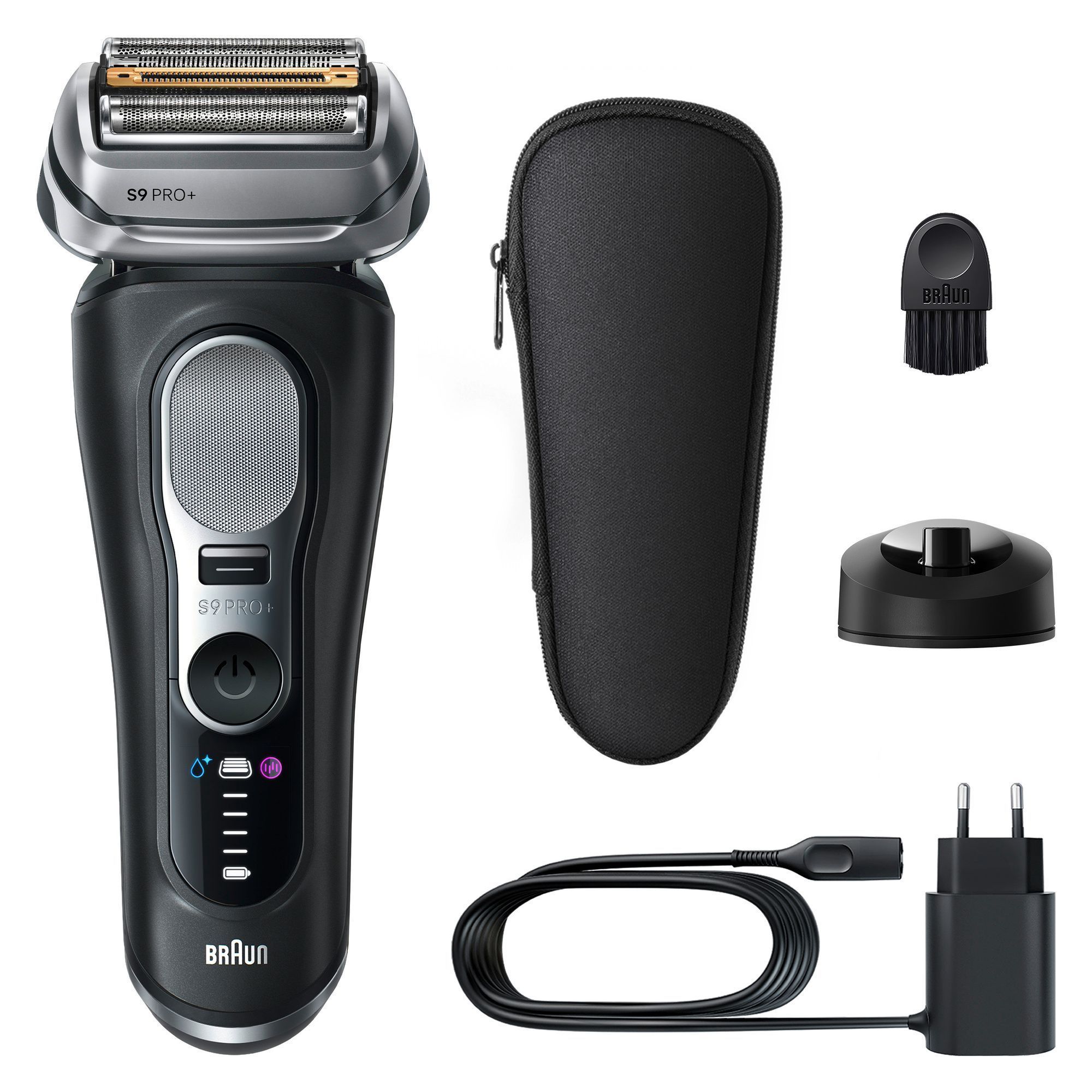 Braun Series 9 Pro+ Rasierer mit Ladestation, Reinigungsbürste, Reiseetui und Netzkabel im Lieferumfang enthalten.