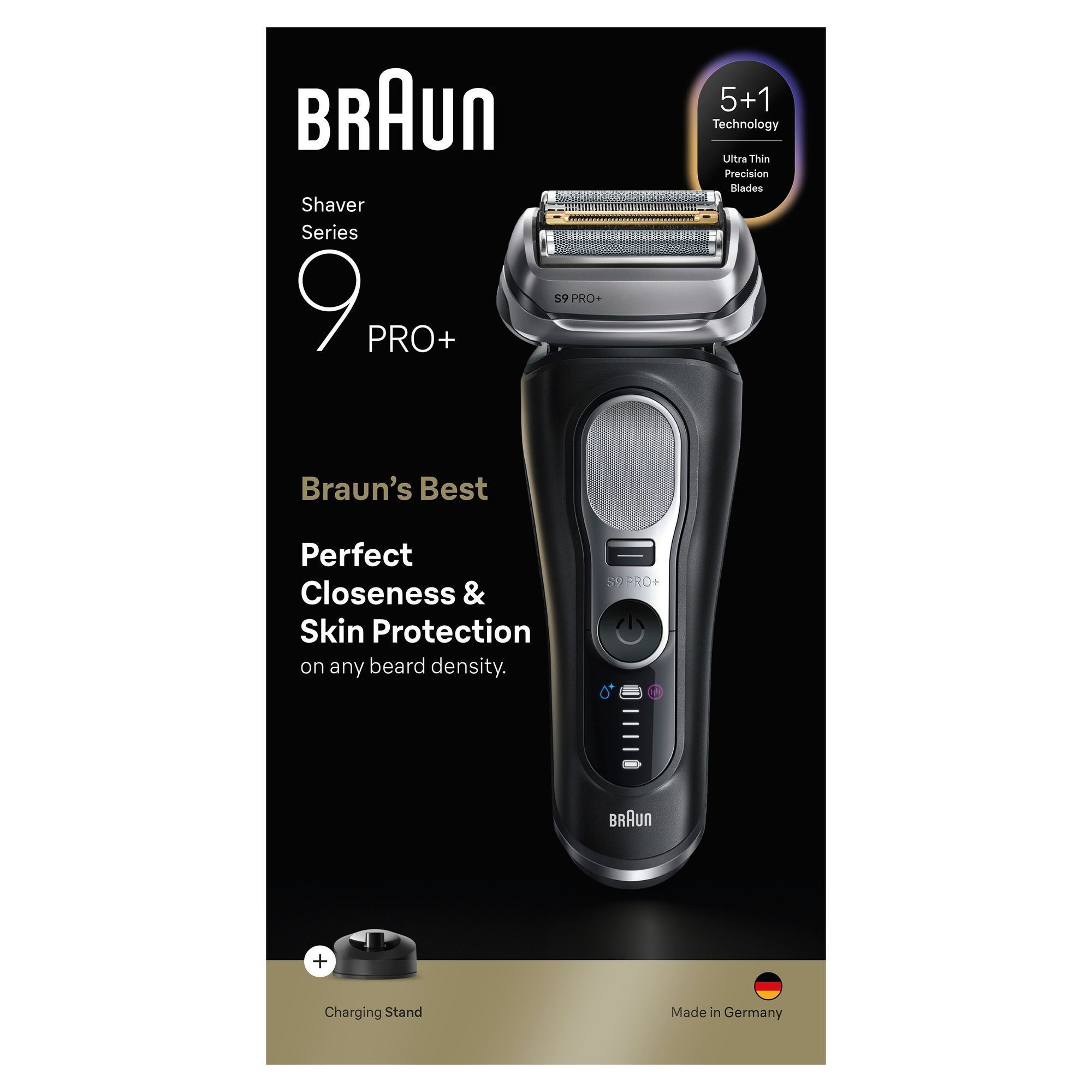 Braun Series 9 Pro+ Rasierer mit dem Hinweis auf 5+1 Technologie und Ultra Thin Precision Blades.