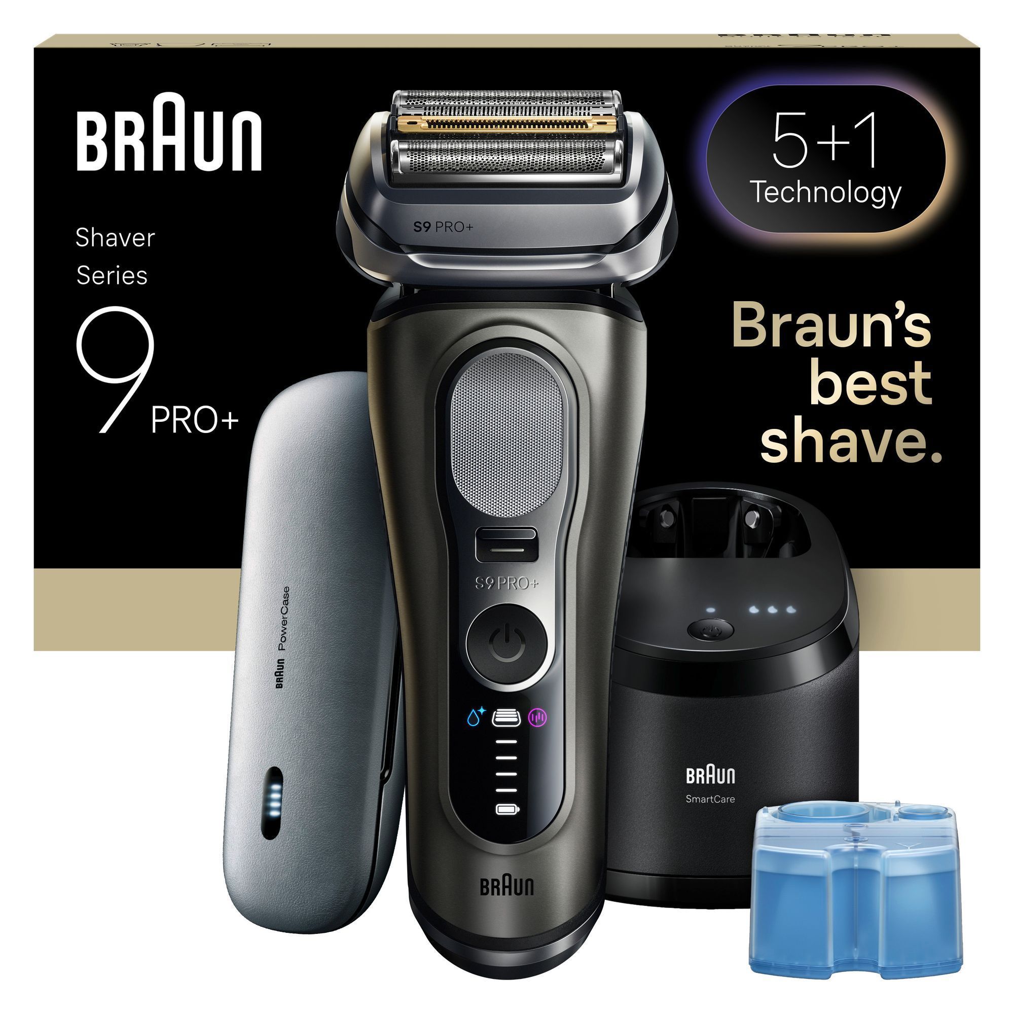 Braun Series 9 Pro+ Rasierer mit Reinigungsstation, PowerCase und dem Hinweis auf die 5+1 Technologie.