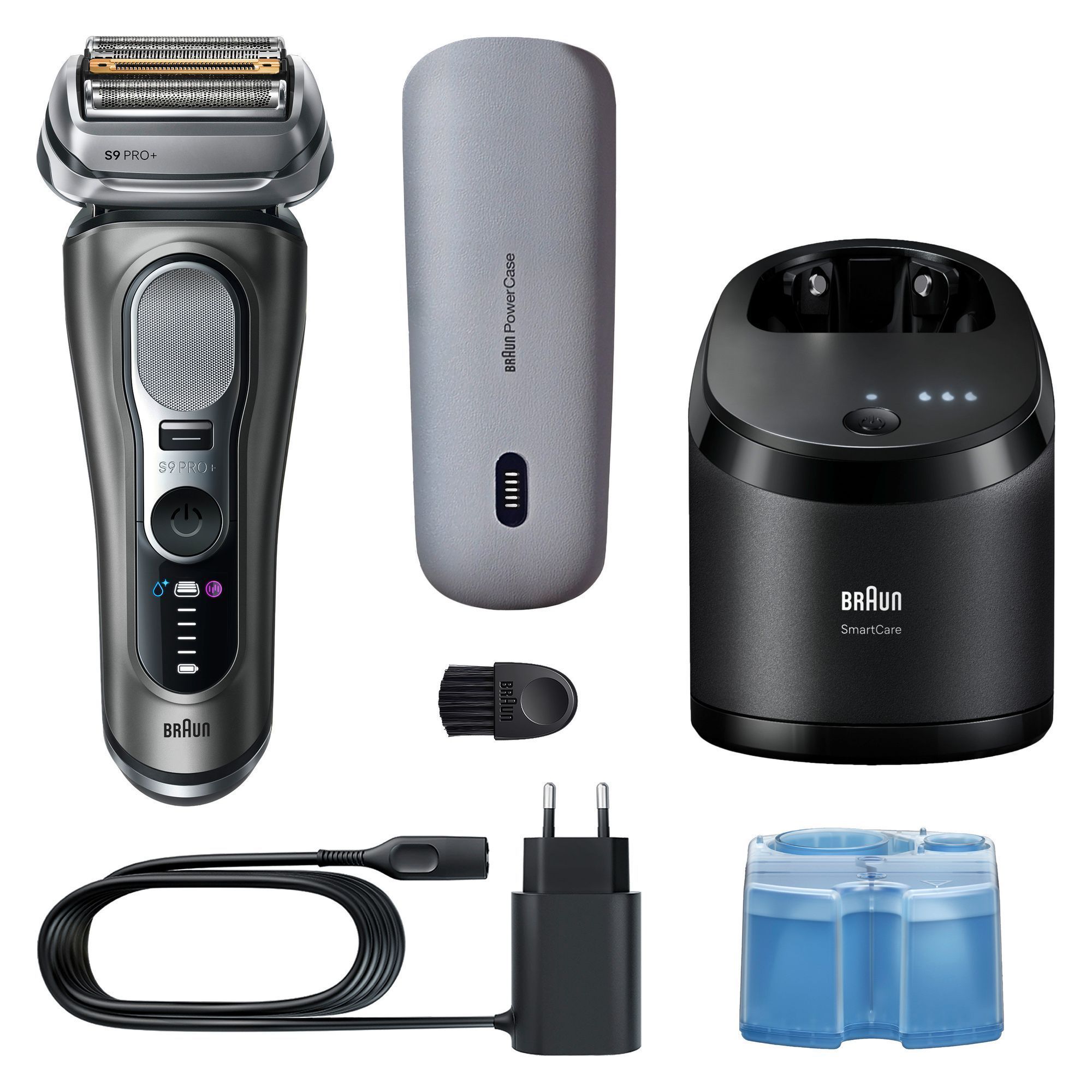 Braun Series 9 Pro+ Rasierer mit SmartCare Center, PowerCase, Reinigungsbürste, Netzkabel, Netzteil und Reinigungskartusche.