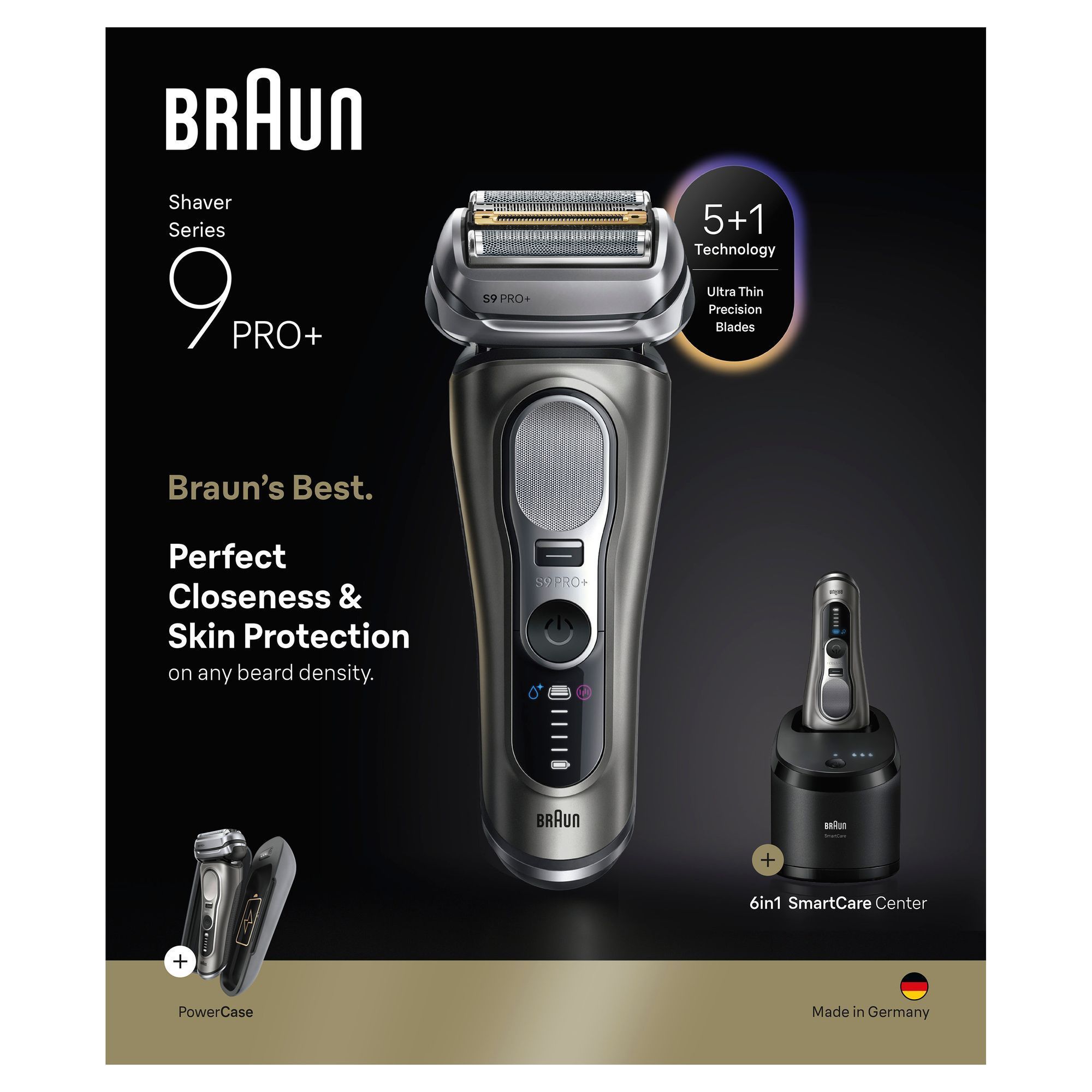 Braun Series 9 Pro+ Rasierer mit 5+1 Technologie und Ultra Thin Precision Blades hervorgehoben.