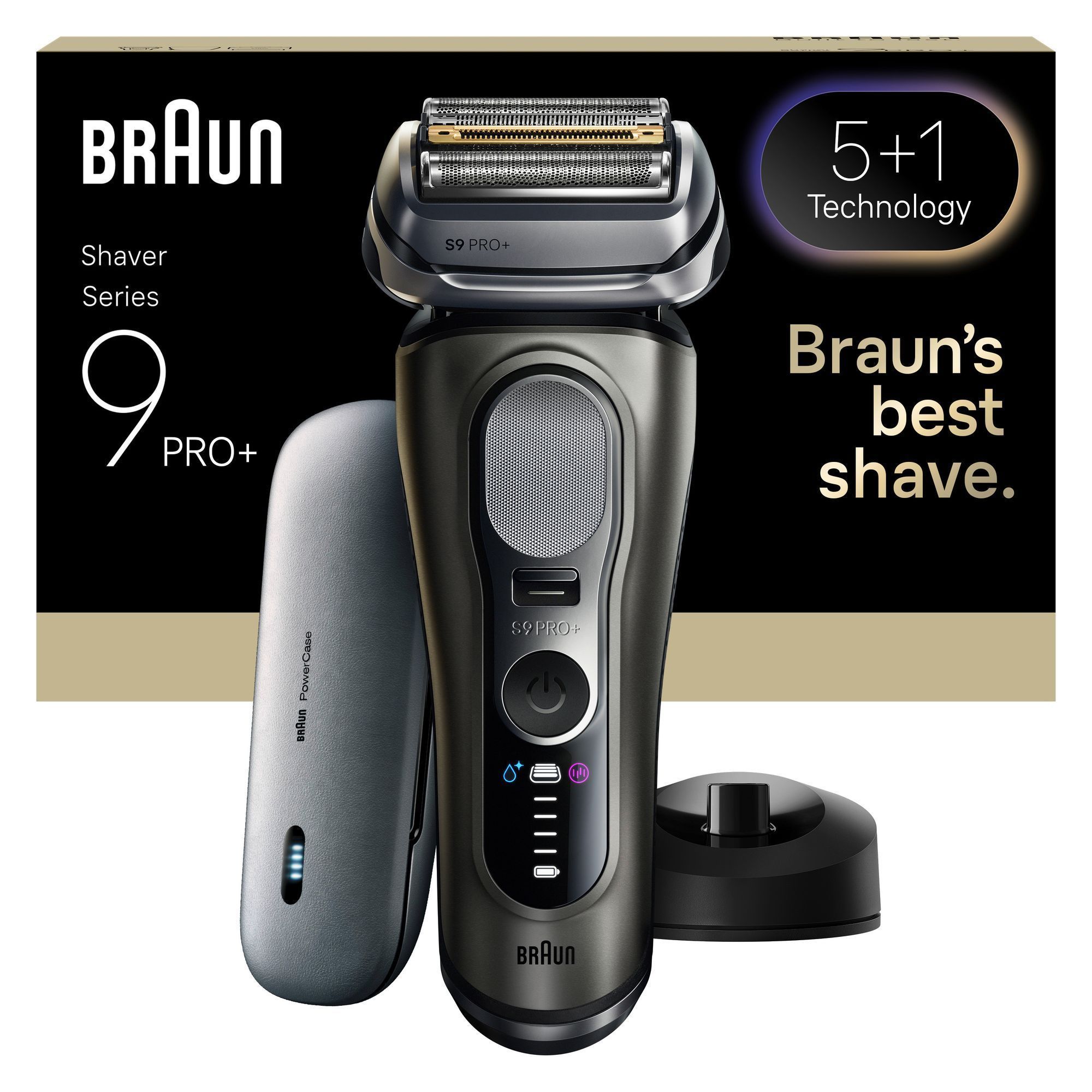 Braun Series 9 Pro+ Rasierer mit PowerCase und Ladestation, hervorgehoben wird die "5+1 Technology".
