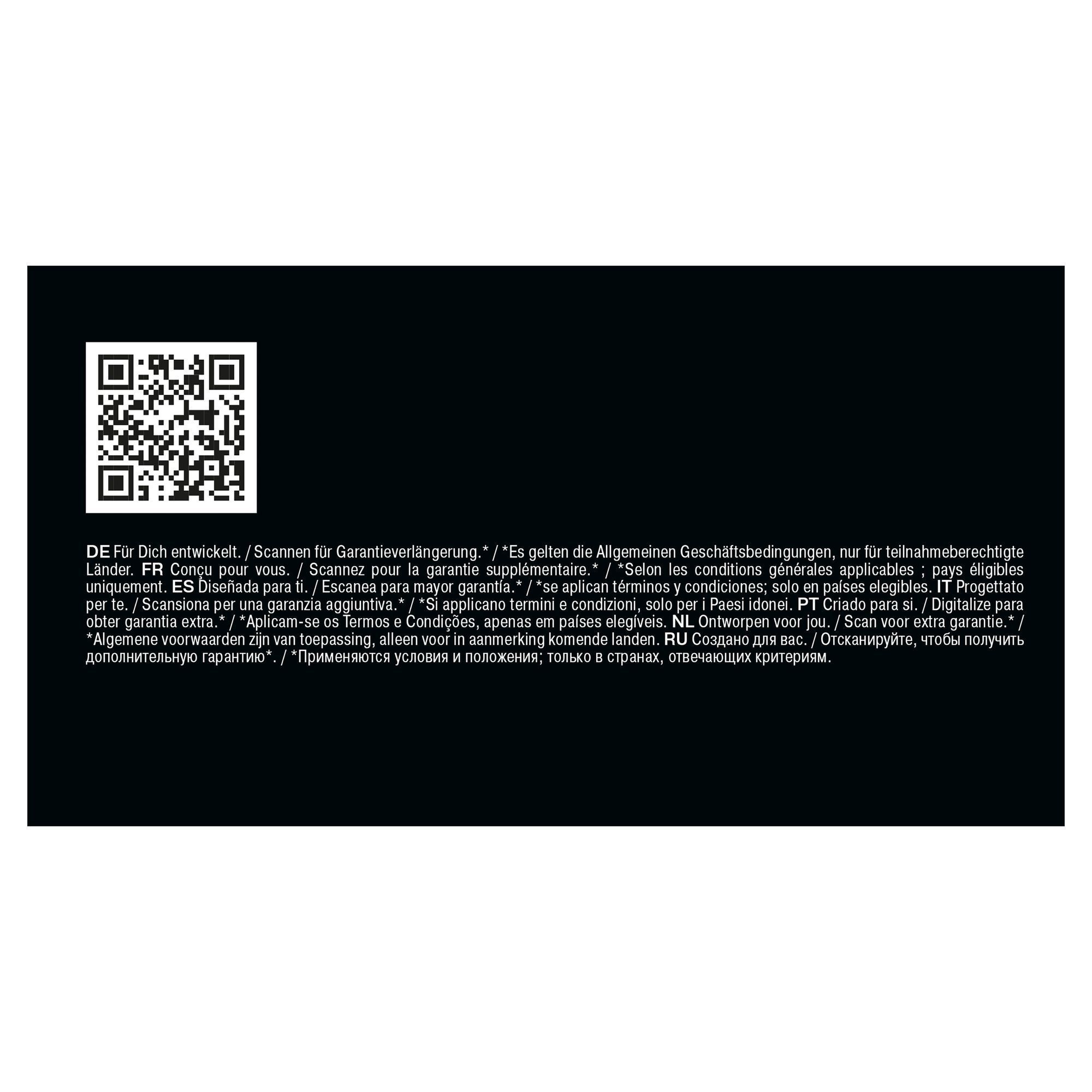 QR-Code und mehrsprachiger Text, der zum Scannen für eine Garantieverlängerung auffordert, wobei die Allgemeinen Geschäftsbedingungen gelten.