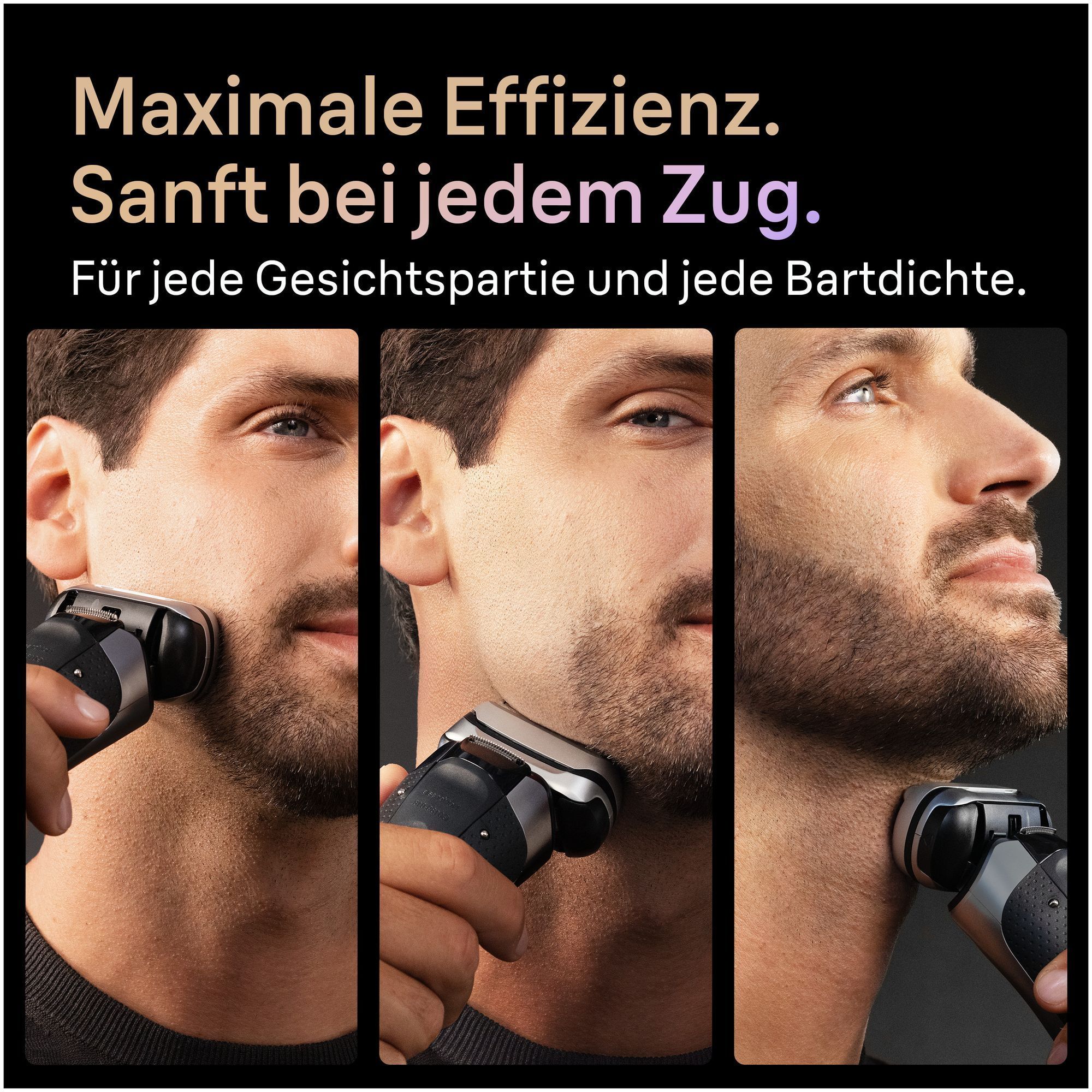 Braun Rasierer im Einsatz, demonstriert maximale Effizienz und sanfte Rasur für jede Gesichtspartie und Bartdichte.