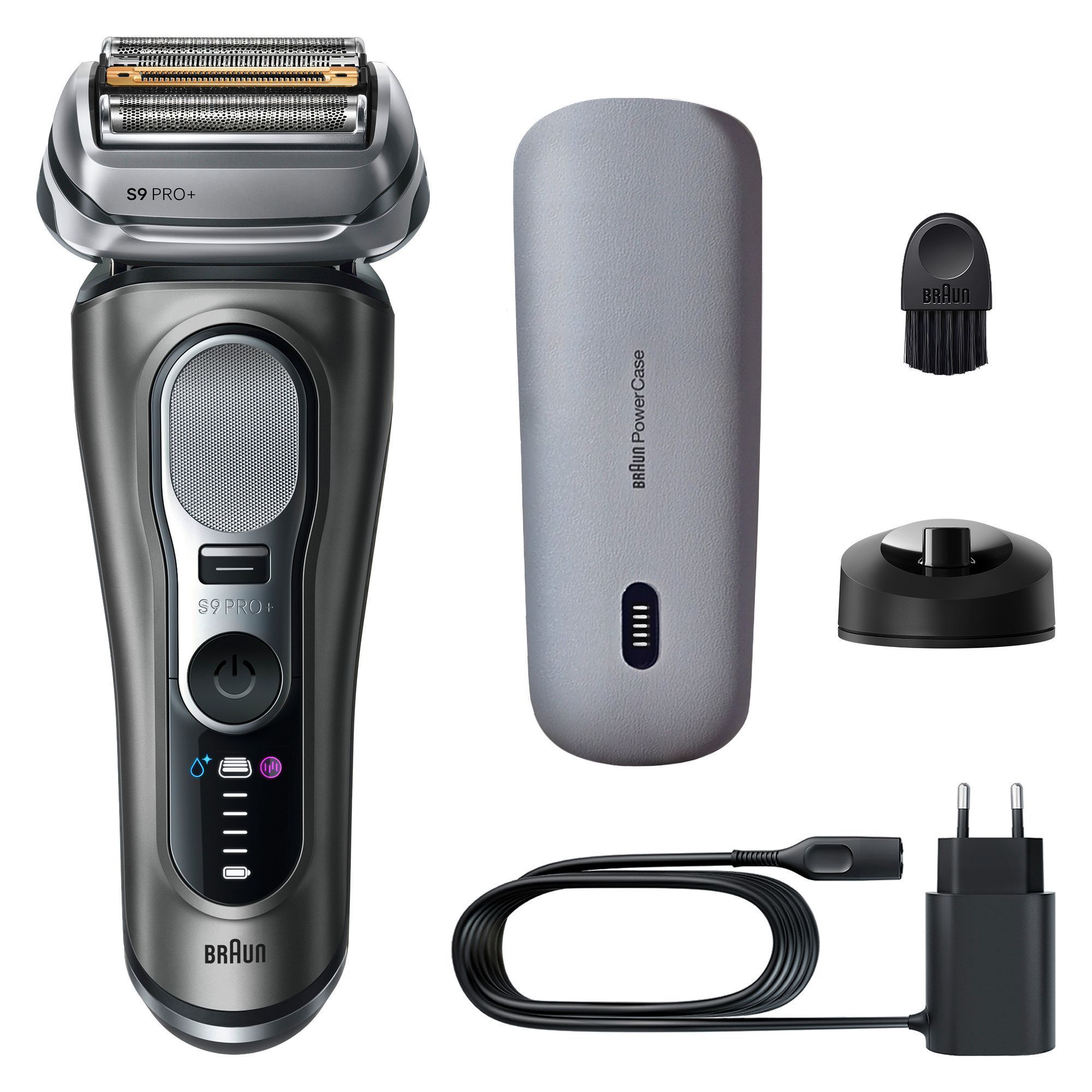 Braun Series 9 Pro+ Rasierer mit PowerCase, Reinigungsbürste, Ladestation und Netzkabel.
