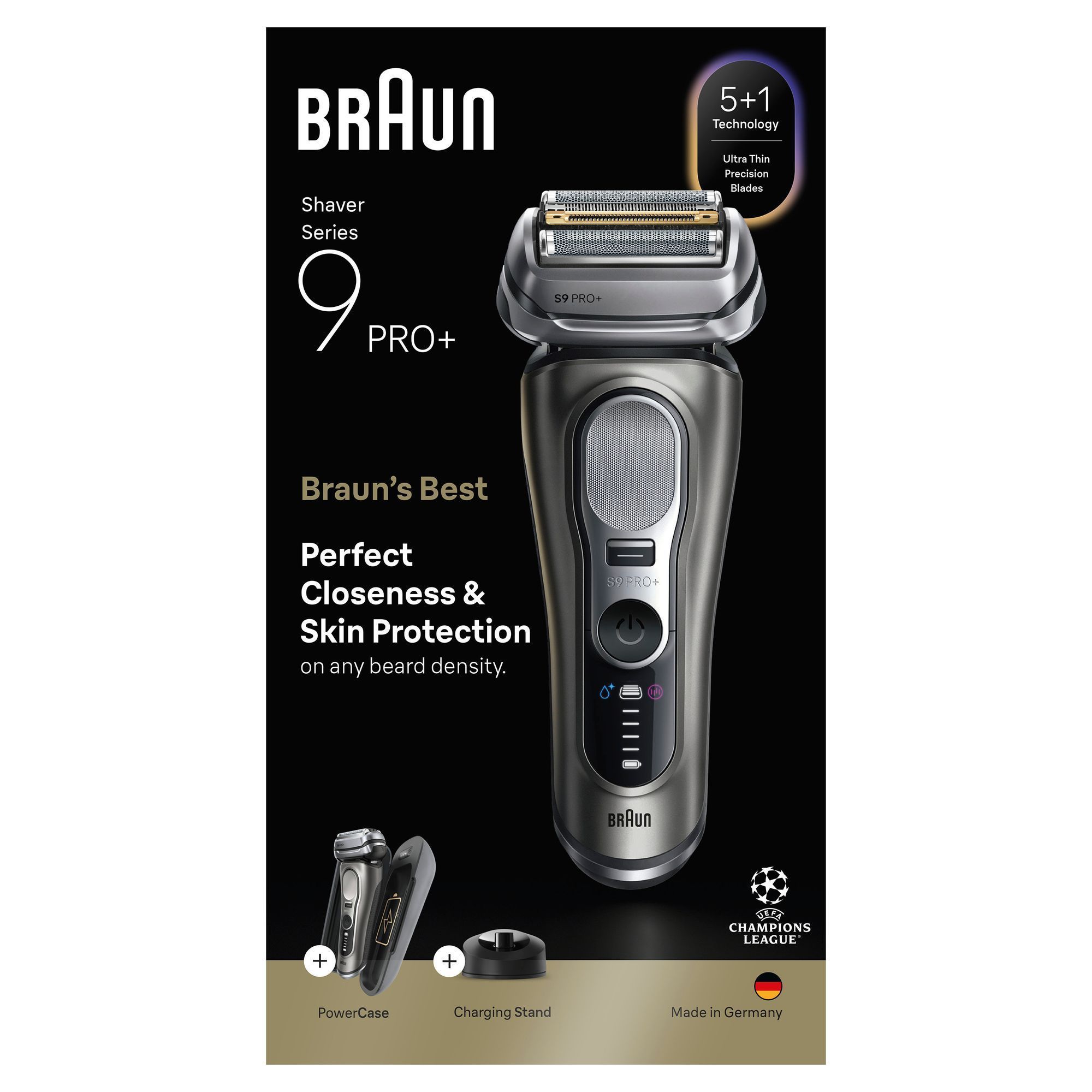 Braun Series 9 Pro+ Rasierer, hervorgehoben mit 5+1 Technologie und Ultra Thin Precision Blades.