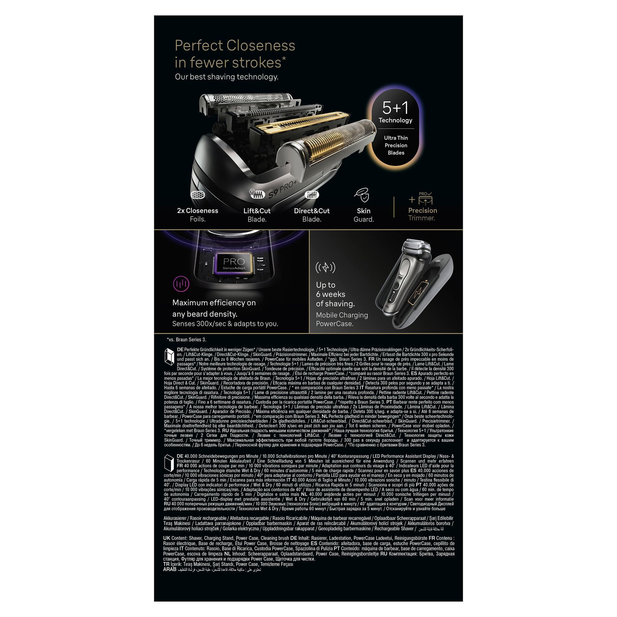 Braun Series 9 PRO+ Rasierer mit Verpackung, die die 5+1 Technologie und Ultra Thin Precision Blades hervorhebt.