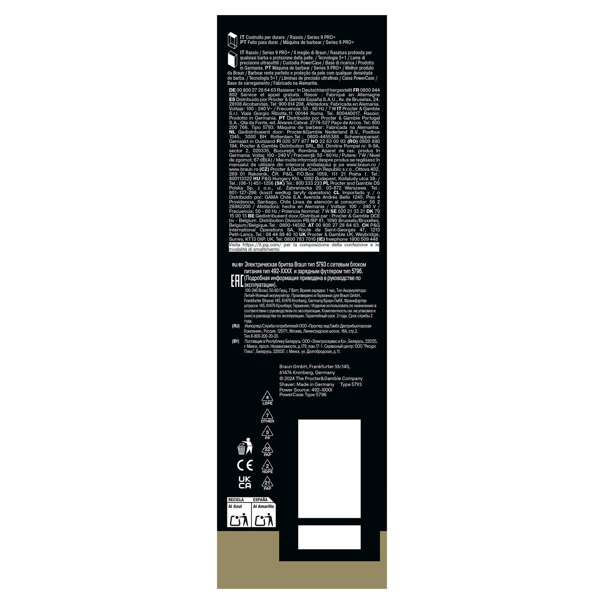 Braun Series 9 PRO+ Rasierer Verpackung, hergestellt in Deutschland, mit PowerCase und Netzteil Typ 492-XXXX.