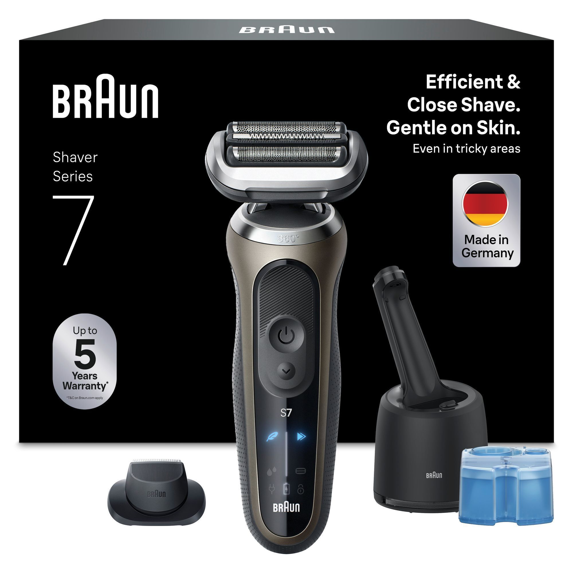 Braun Series 7 Rasierer mit Reinigungsstation und dem Hinweis Efficient & Close Shave. Gentle on Skin. auf der Verpackung.