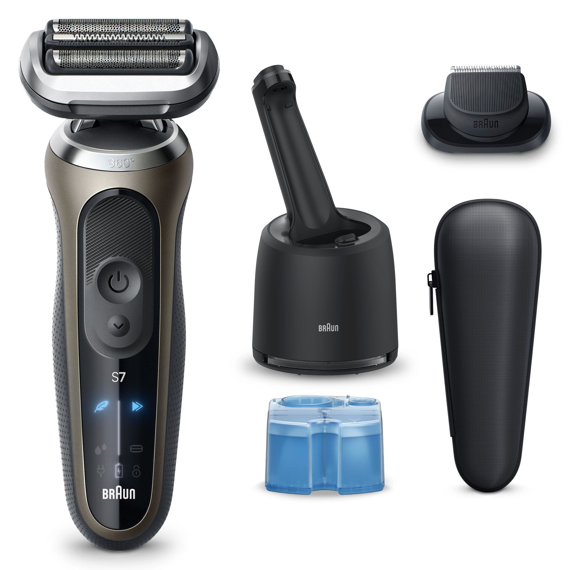 Braun Series 7 Rasierer mit Reinigungsstation, Barttrimmer-Aufsatz und Reiseetui.