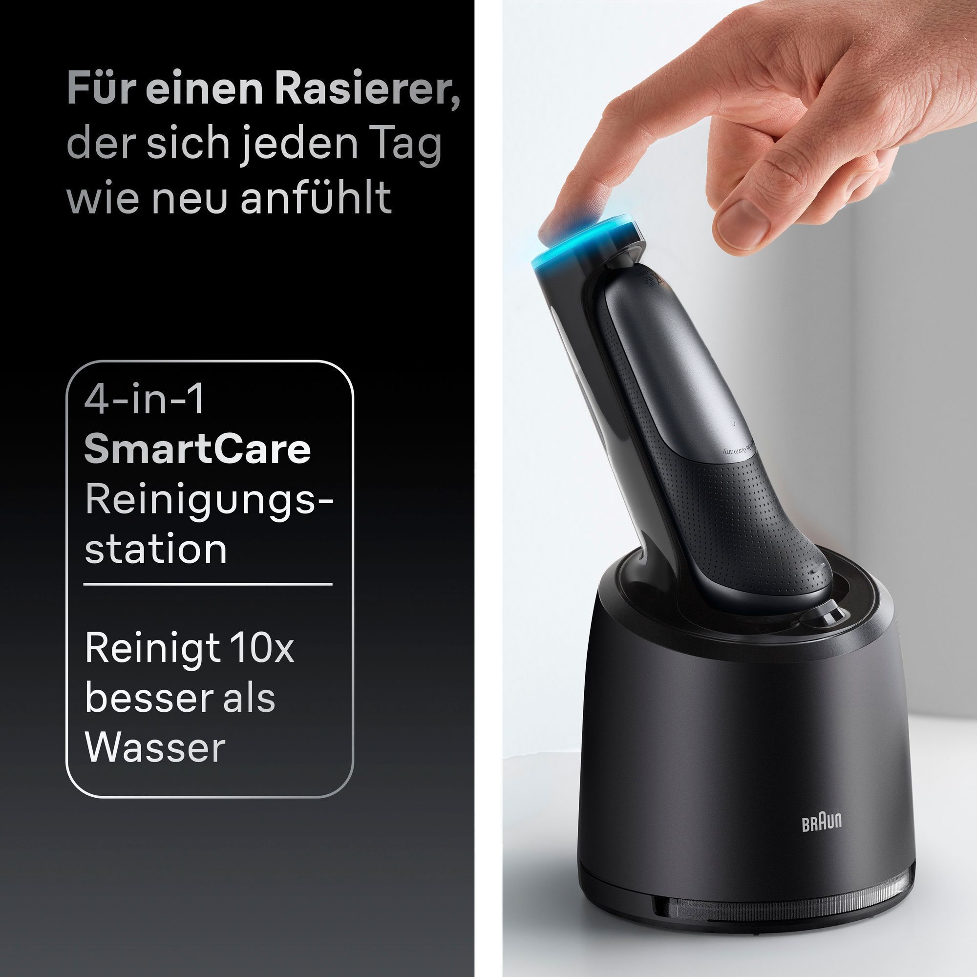 Braun Rasierer in der 4-in-1 SmartCare Reinigungsstation, die 10x besser als Wasser reinigt.