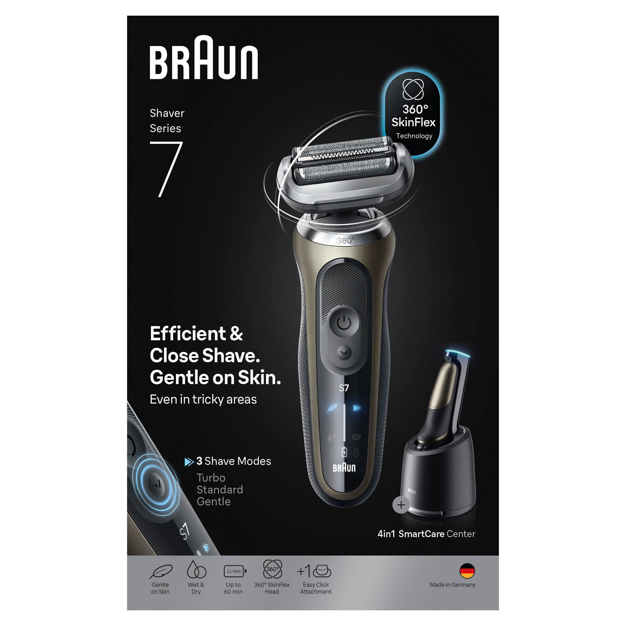 Braun Series 7 Rasierer mit 360Â° SkinFlex Technologie und 4in1 SmartCare Center auf der Verpackung.