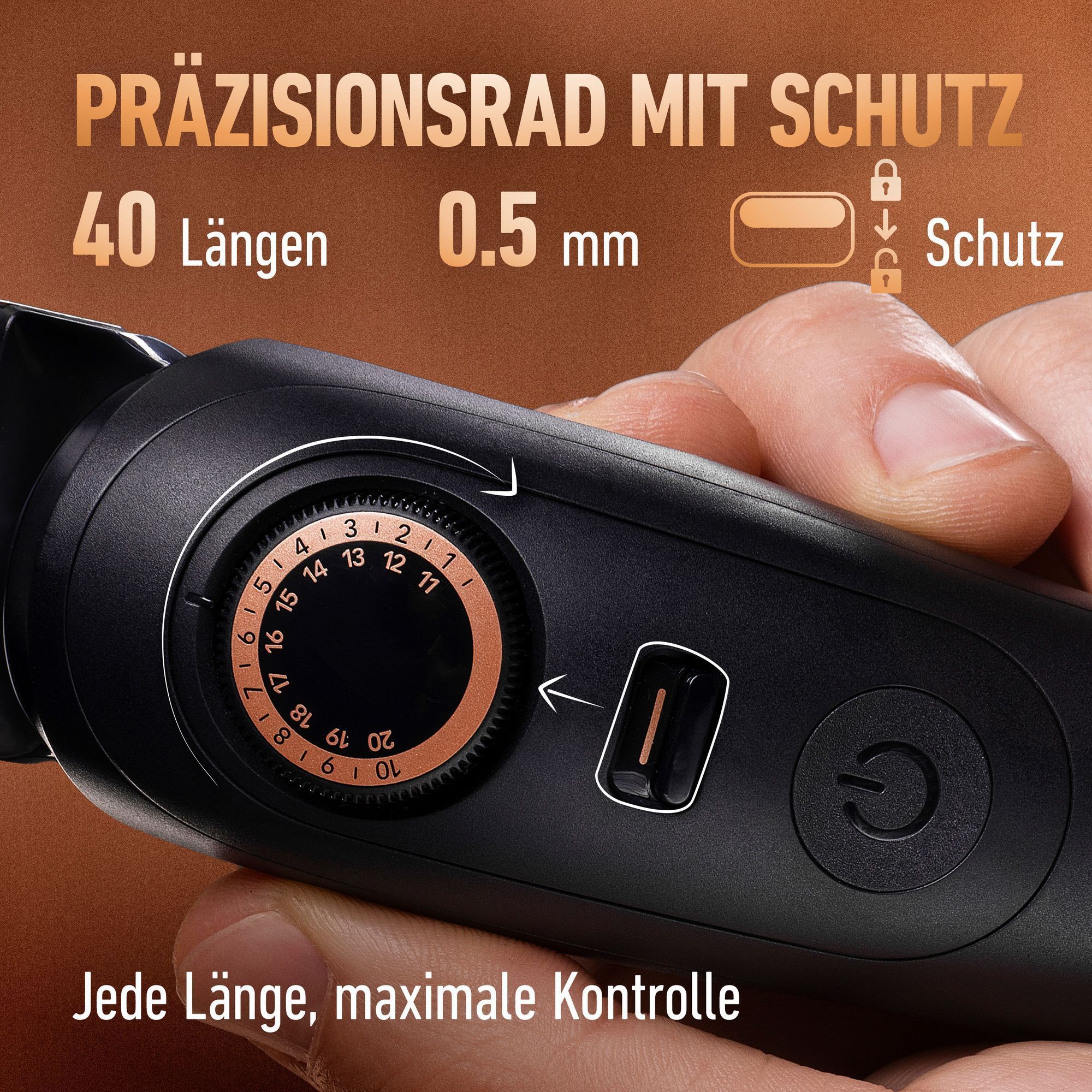 Nahaufnahme des Trimmers Pro Max in einer Hand mit Vorteilen: PrÃ¤zisionsrad, 40 LÃ¤ngen, Schutz, jede LÃ¤nge