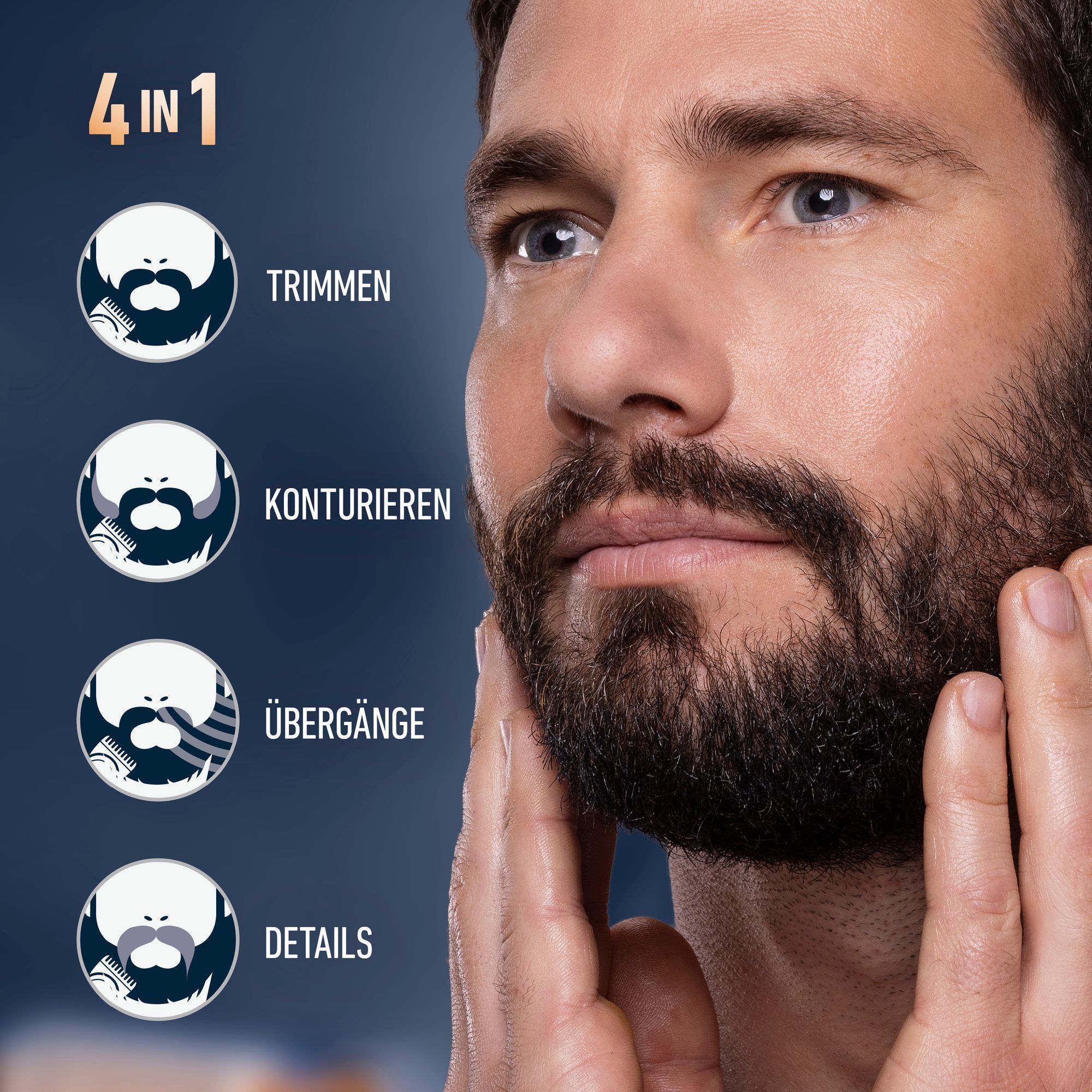 Ein Mann berÃ¼hrt nach der Verwendung des King C. Gillette Pro Max Trimmers mit beiden HÃ¤nden seinen 3-Tage-Bart