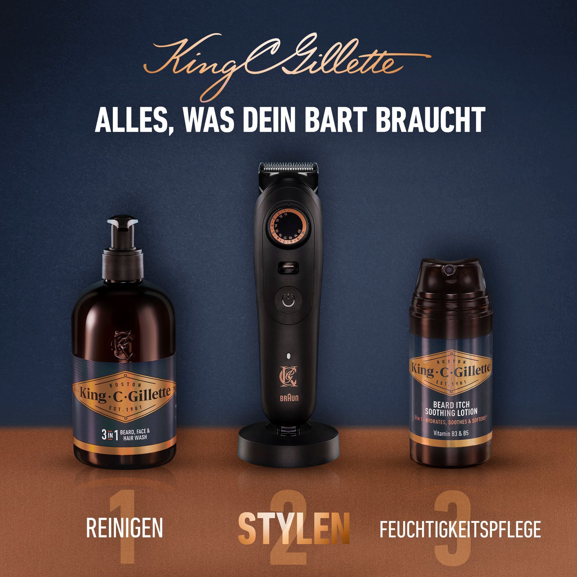 Die 3-in-1 Waschlotion, der Trimmer Pro Max und die Beruhigende Bart Lotion stehen auf einer glatten OberflÃ¤che. Alles, was dein Bart braucht.